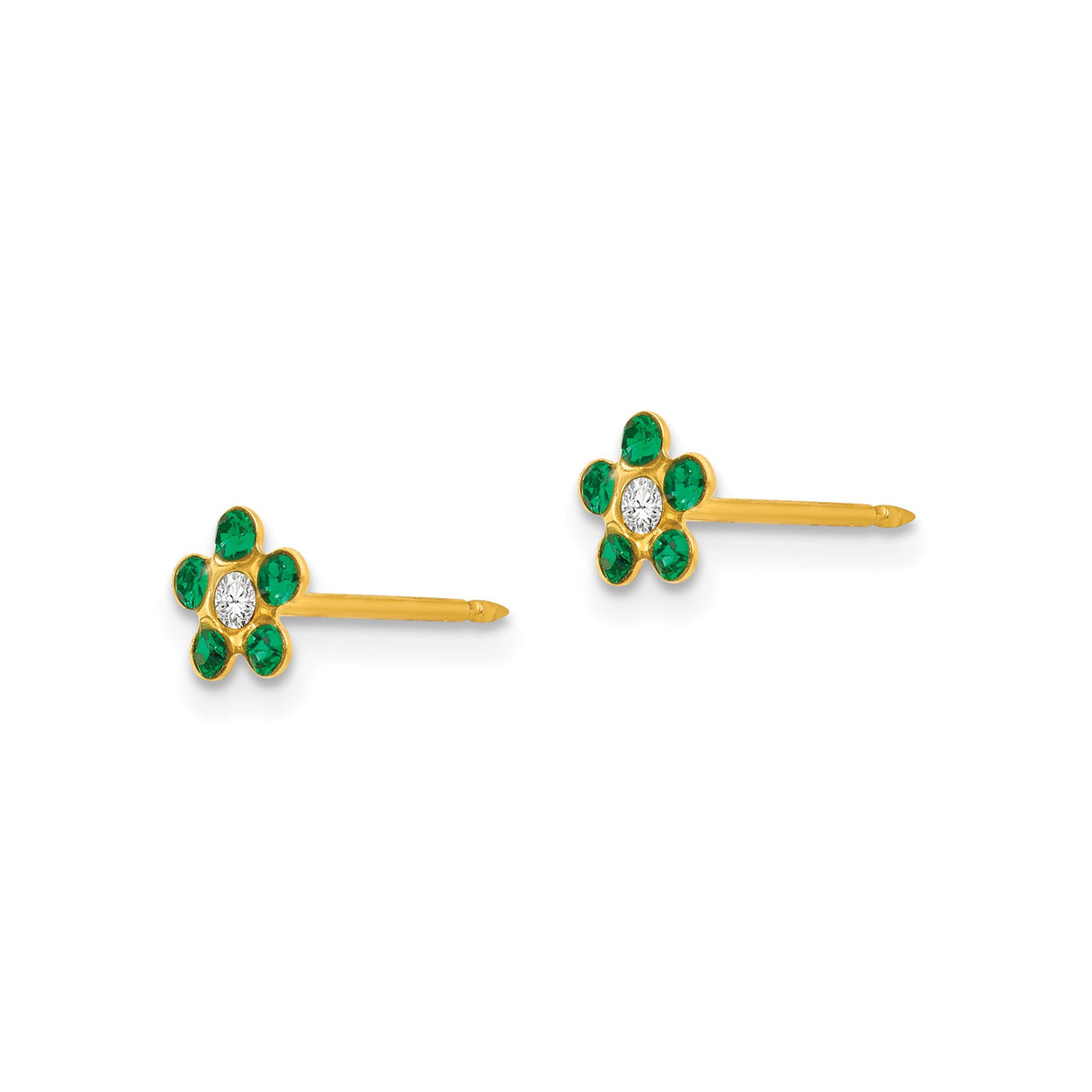14k Yellow Gold Flower Stud Earrings with Green and White Gemstones, Petite Floral Design