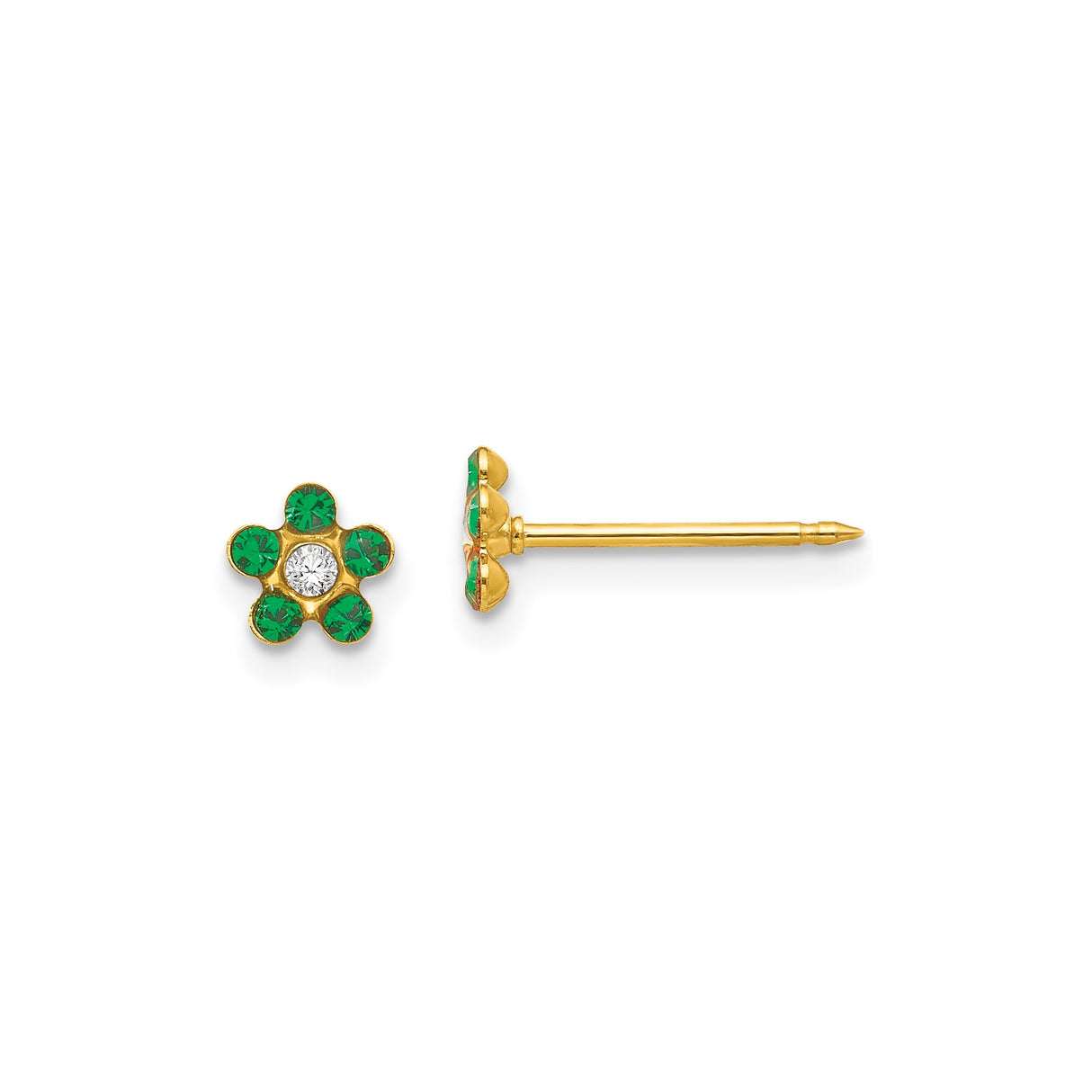 14k Yellow Gold Flower Stud Earrings with Green and White Gemstones, Petite Floral Design