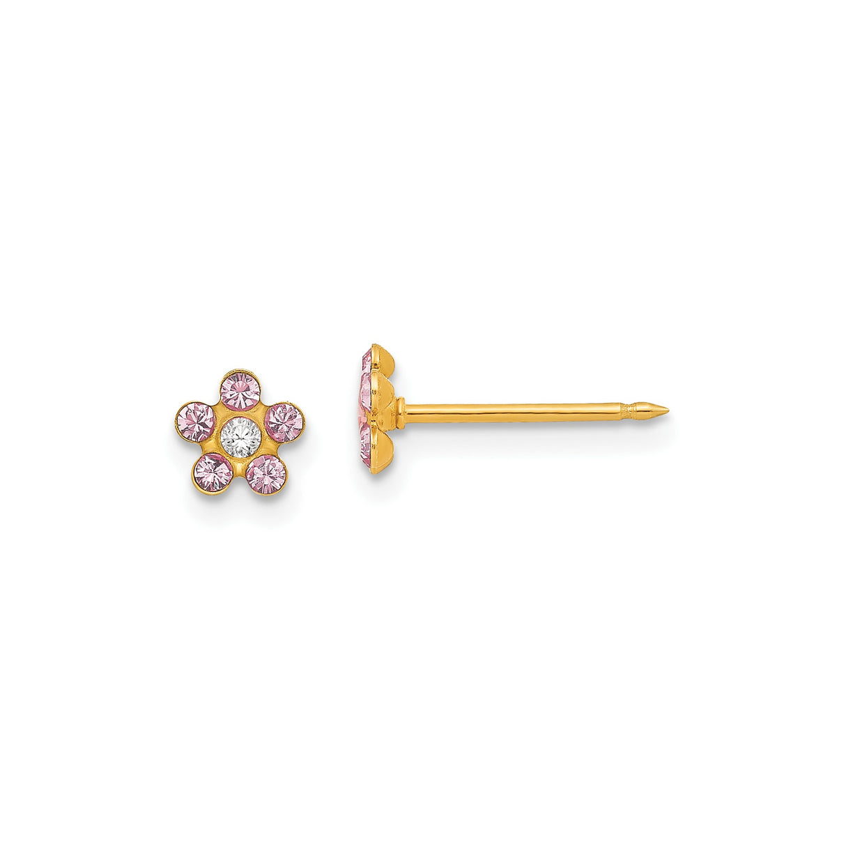 14k Yellow Gold Daisy Flower Stud Earrings with Pink and Clear Cubic Zirconia
