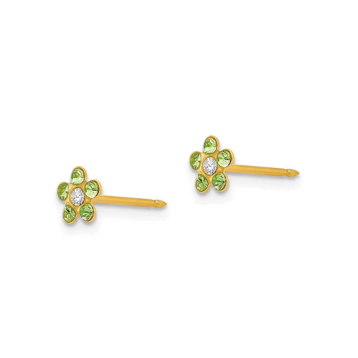 14k Yellow Gold Flower Stud Earrings with White Center Stone and Green Gemstones, Botanical Design