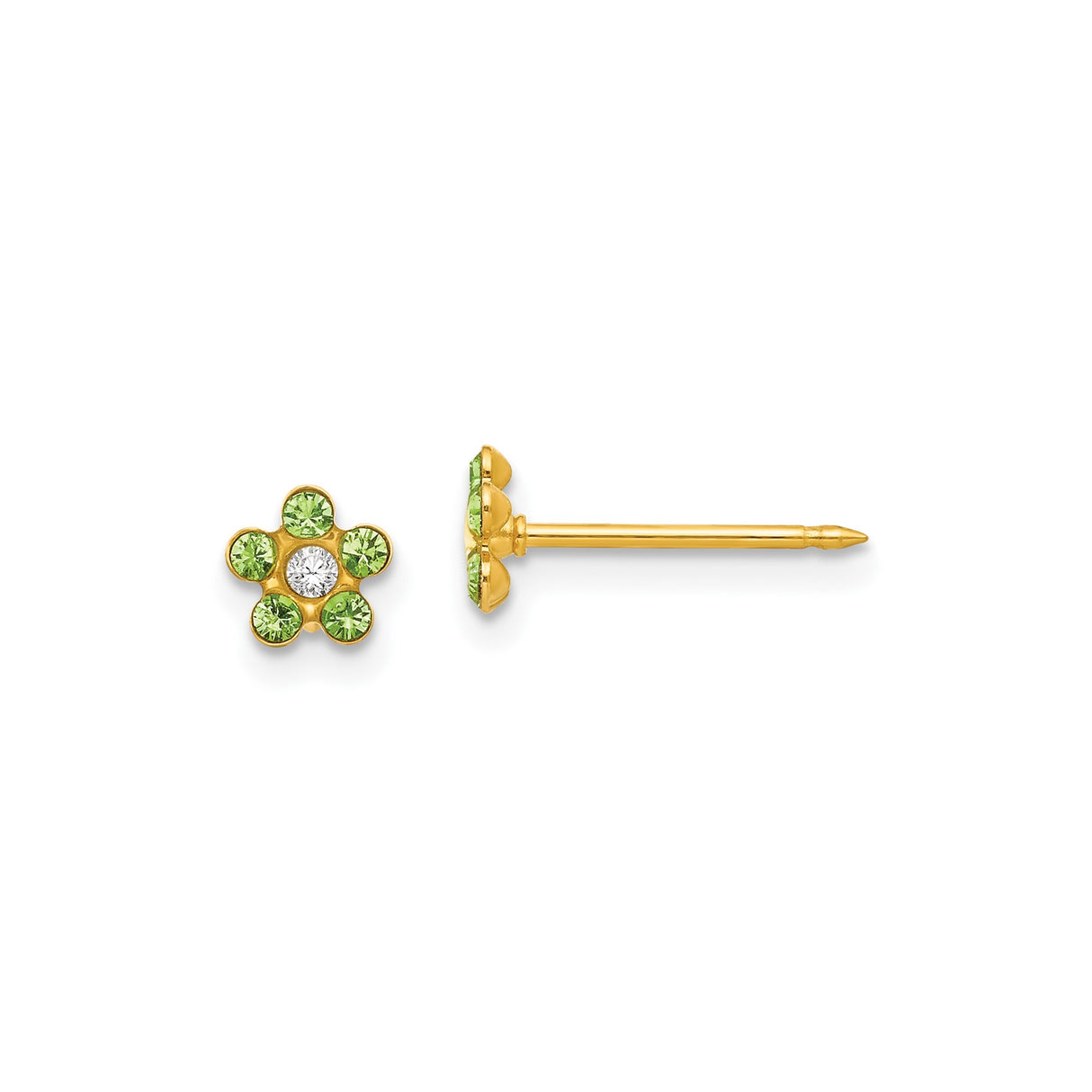 14k Yellow Gold Flower Stud Earrings with White Center Stone and Green Gemstones, Botanical Design