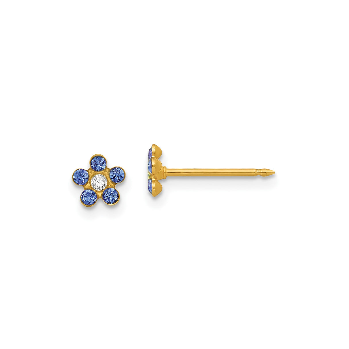 14k Yellow Gold Flower Stud Earrings with Six Blue Gemstones and White Center Stone
