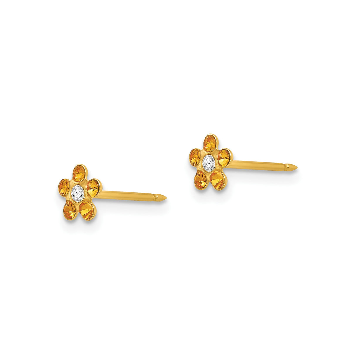 14k Yellow Gold Flower Stud Earrings with Amber Accents and Clear Center Stone