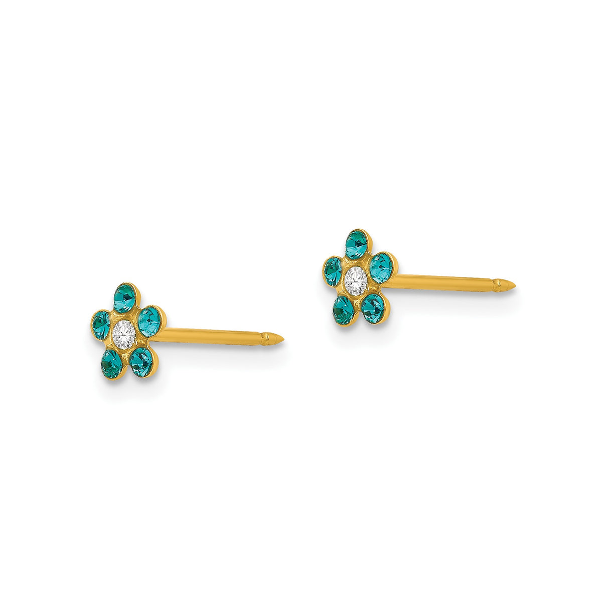 14k Yellow Gold Flower Stud Earrings with Blue and White Gemstones, Dainty Floral Design