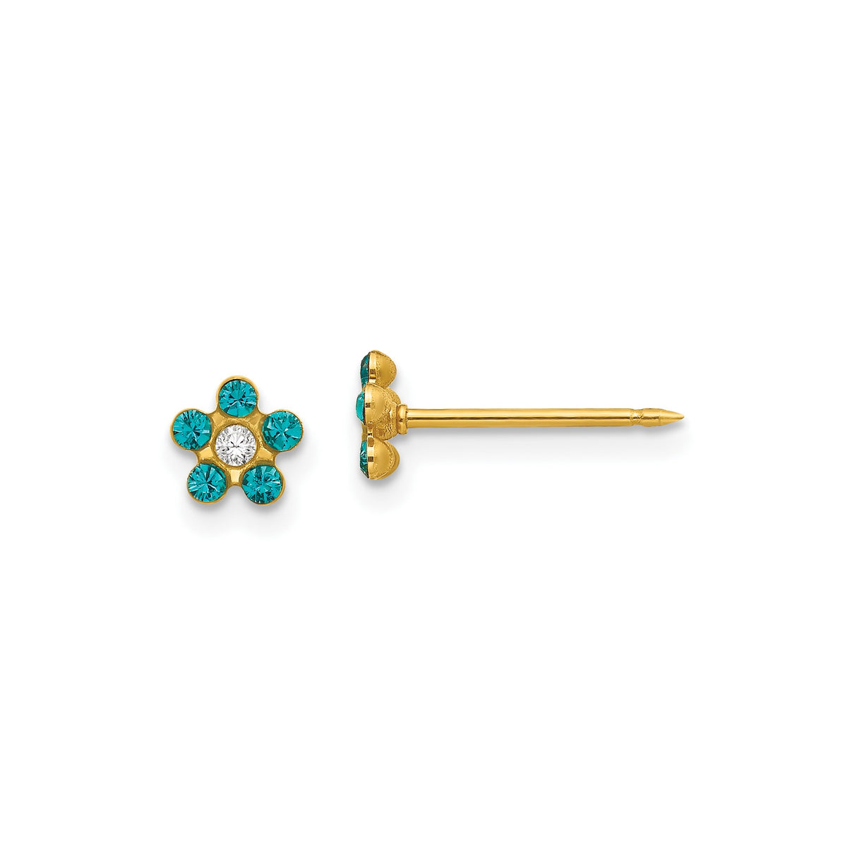 14k Yellow Gold Flower Stud Earrings with Blue and White Gemstones, Dainty Floral Design