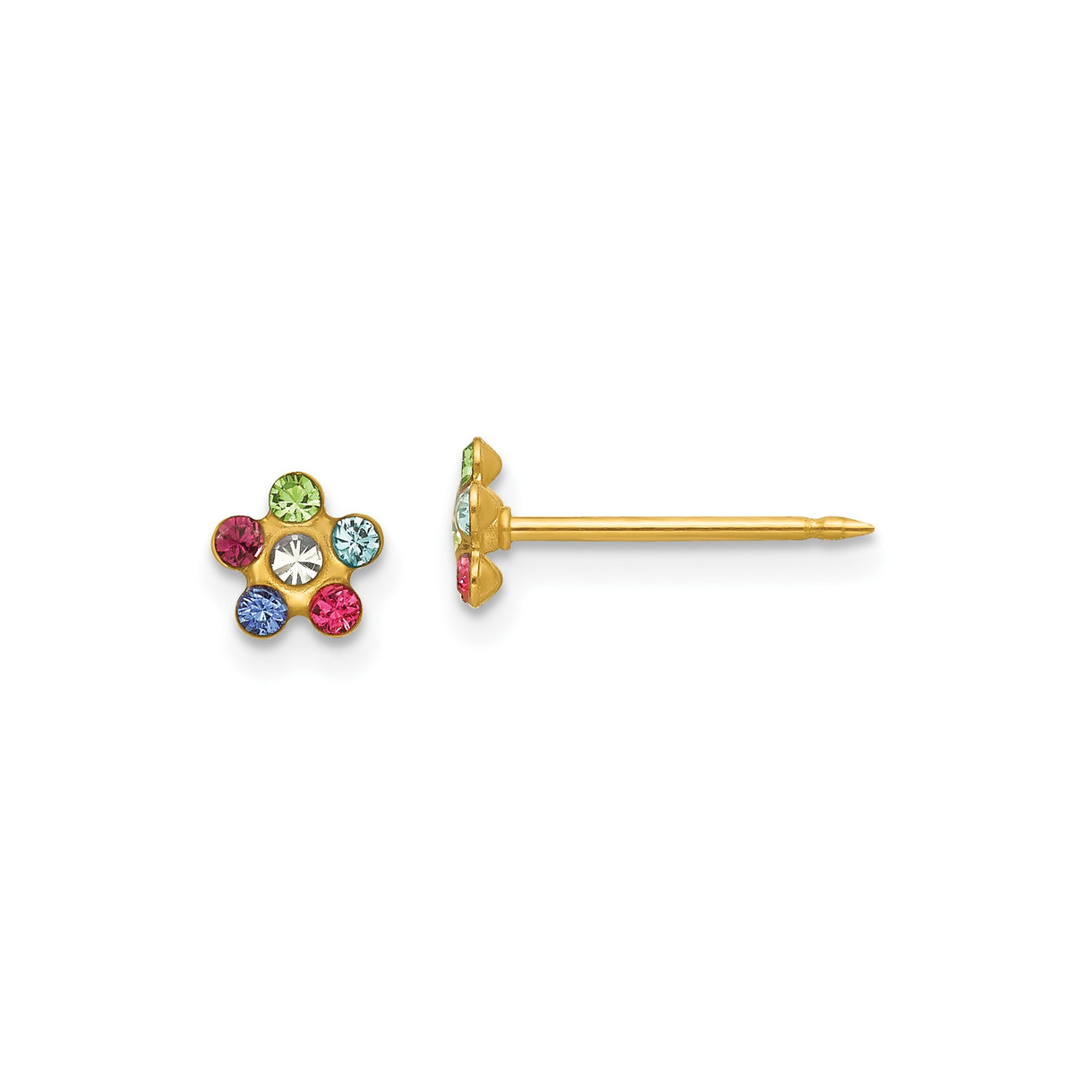 14k Yellow Gold Flower Stud Earrings with Multicolor Gemstones, Six-Petal Design