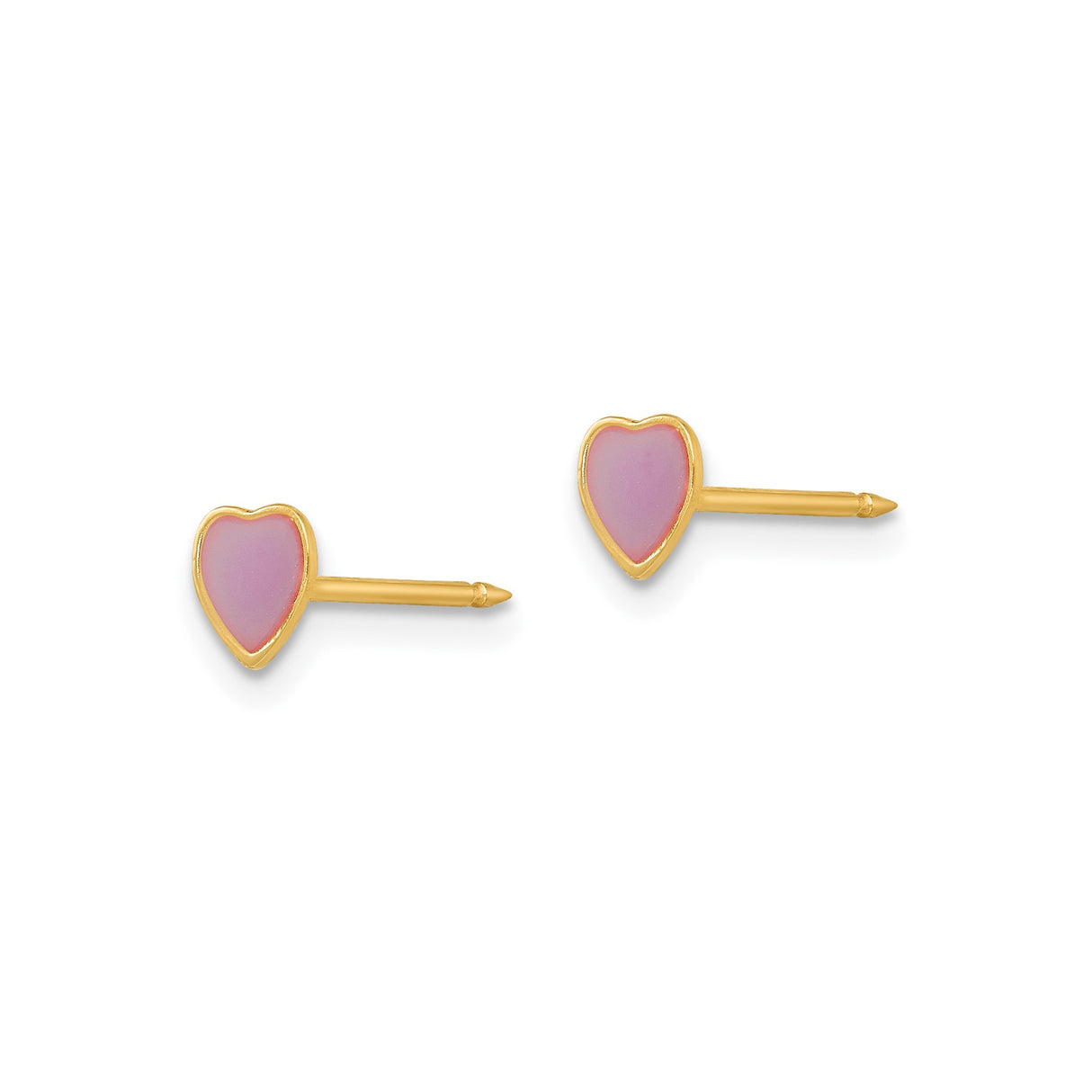 14k Yellow Gold Heart Stud Earrings with Pink Enamel Inlay, Dainty Minimalist Design