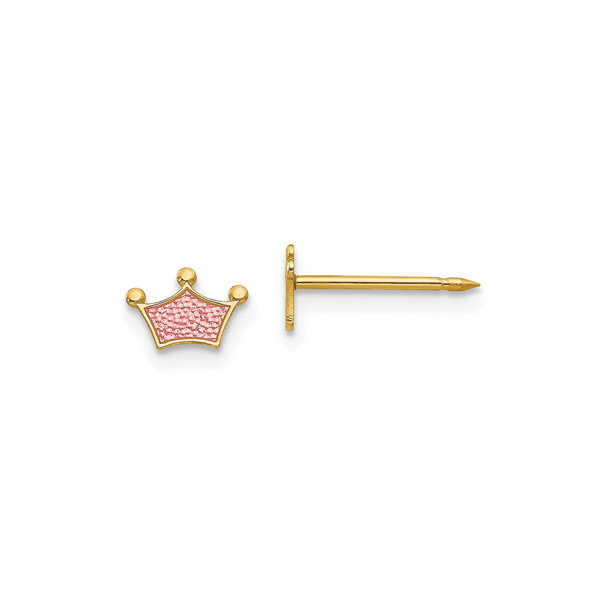 14k Yellow Gold Crown Stud Earrings with Pink Textured Enamel for Girls and Women