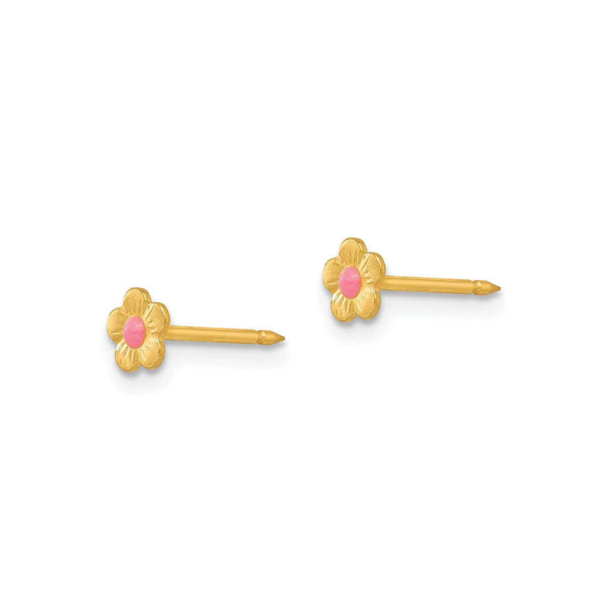 14k Yellow Gold Flower Stud Earrings with Pink Enamel Center, Dainty Floral Design for Girls or Women