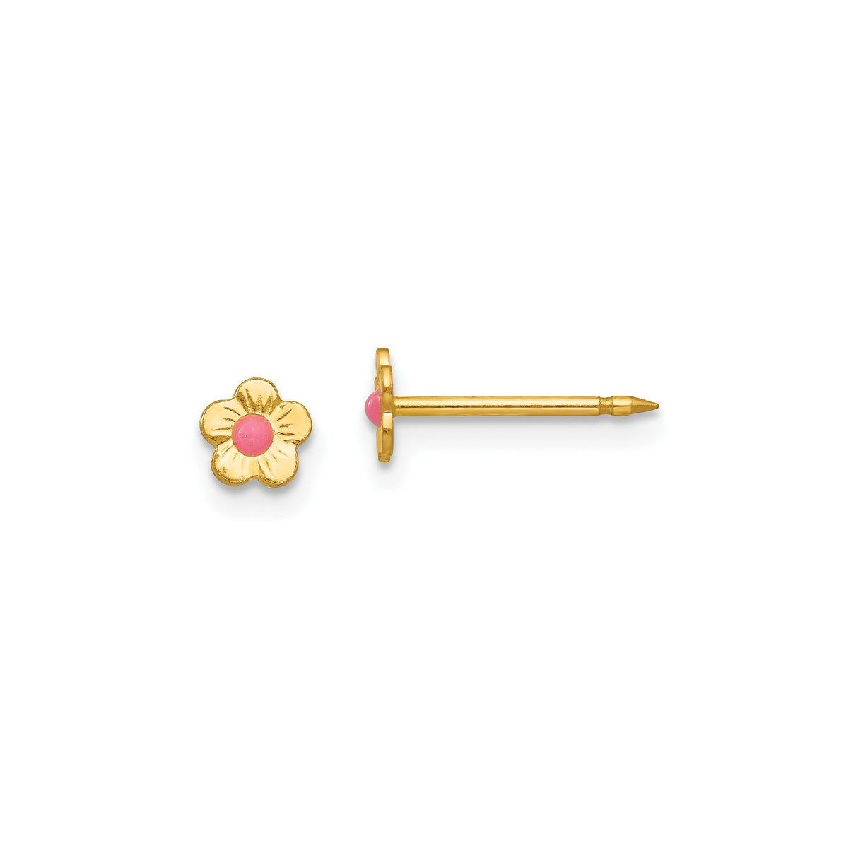 14k Yellow Gold Flower Stud Earrings with Pink Enamel Center, Dainty Floral Design for Girls or Women