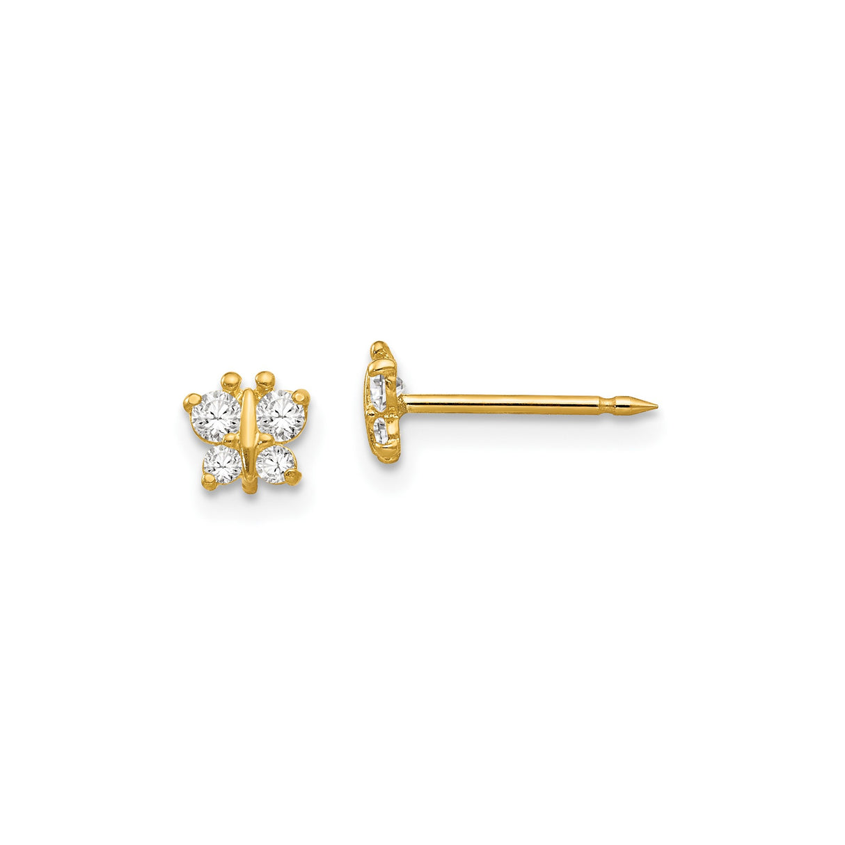 14k Yellow Gold Butterfly Stud Earrings with Round Cut Cubic Zirconia, Nature Inspired Design