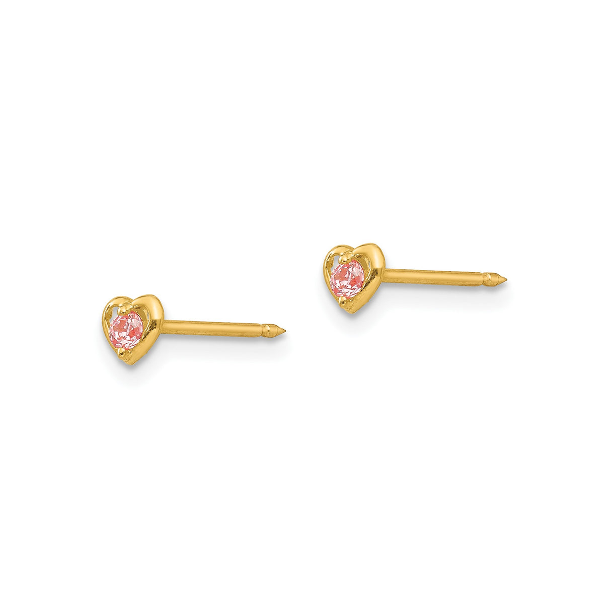 14k Yellow Gold Heart Stud Earrings with Pink Gemstone Center, Open Heart Design