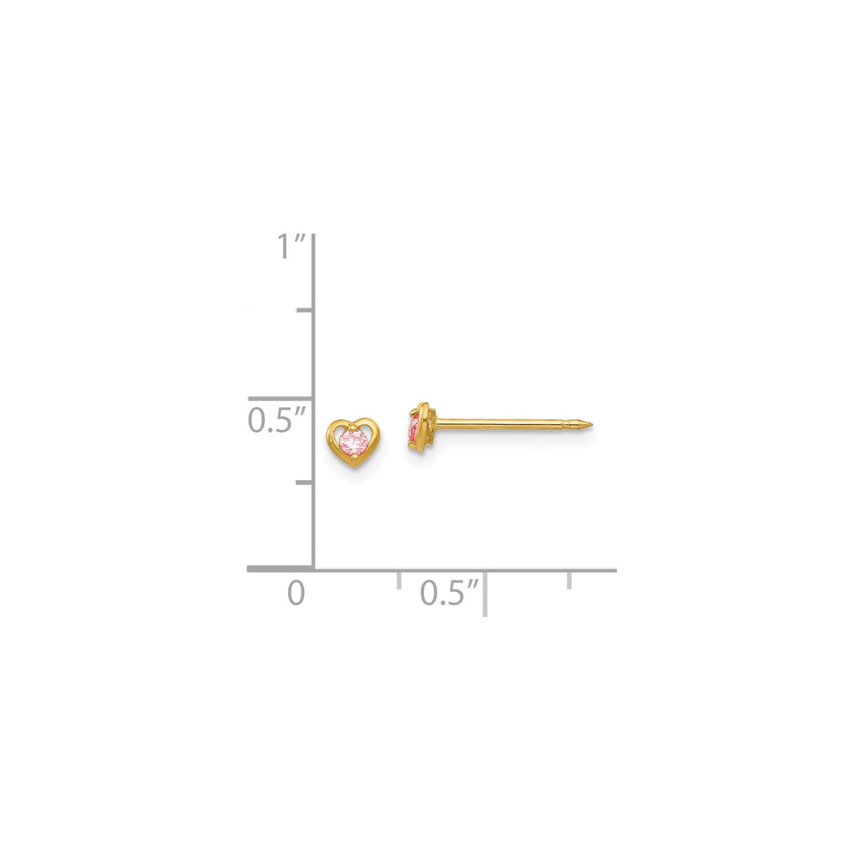 14k Yellow Gold Heart Stud Earrings with Pink Gemstone Center, Open Heart Design