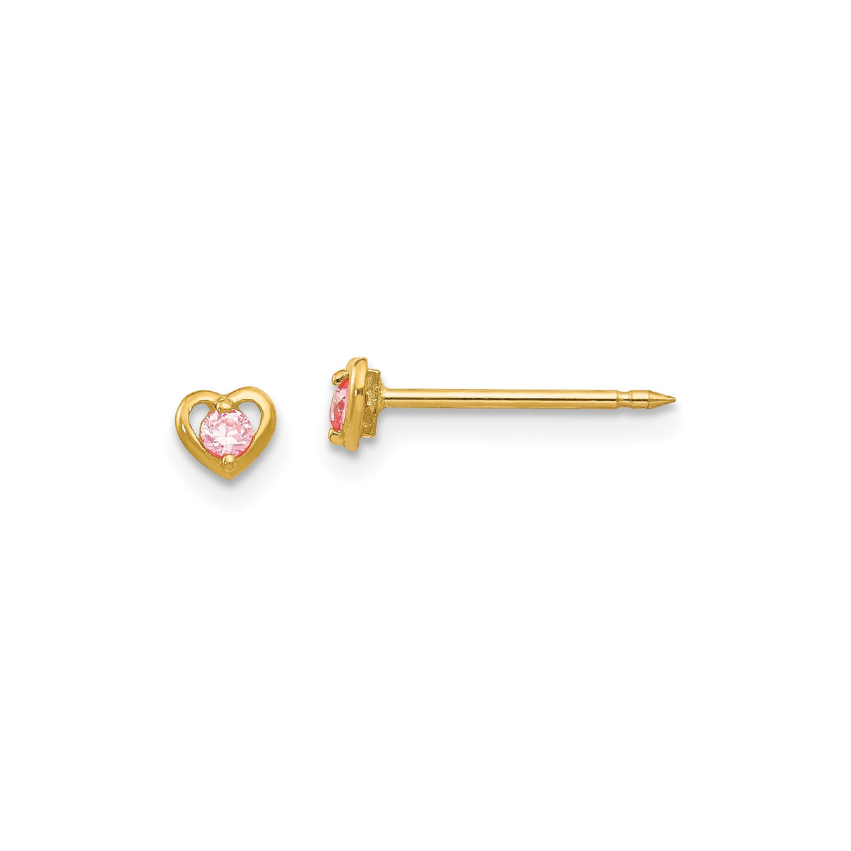 14k Yellow Gold Heart Stud Earrings with Pink Gemstone Center, Open Heart Design