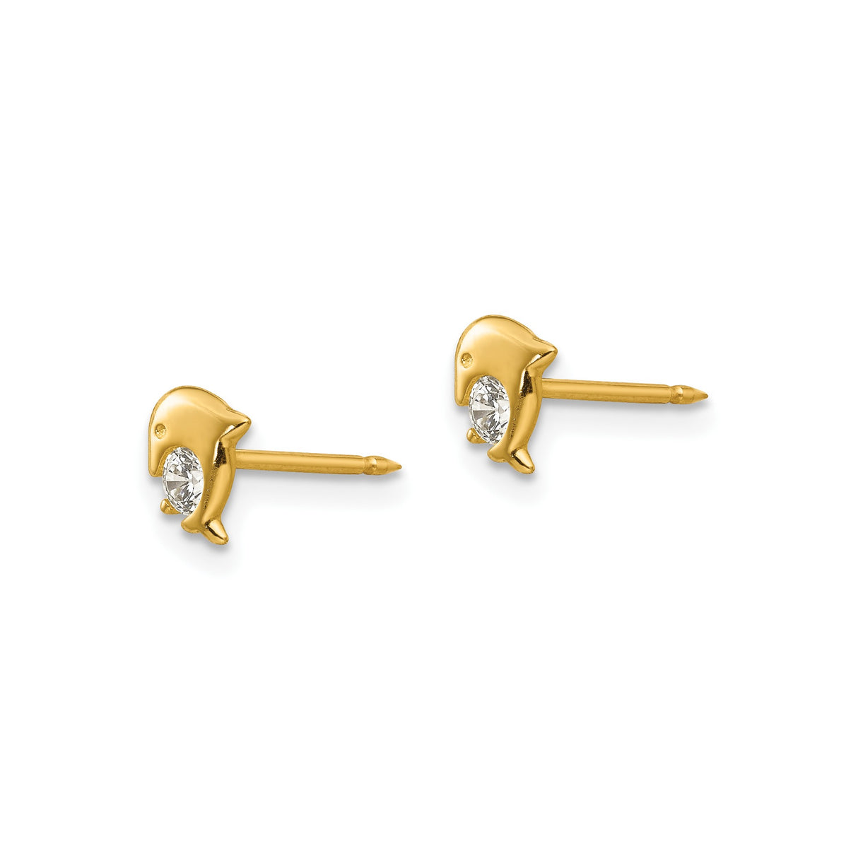 14k Yellow Gold Dolphin Stud Earrings with Round Cut Gemstone Accent, Ocean Animal Motif