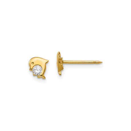 14k Yellow Gold Dolphin Stud Earrings with Round Cut Gemstone Accent, Ocean Animal Motif