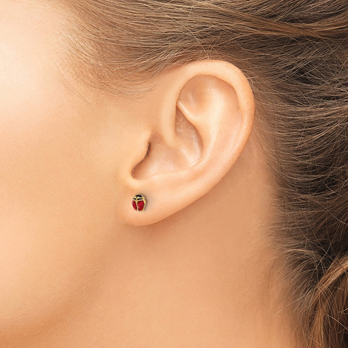 14k Yellow Gold Ladybug Stud Earrings with Red and Black Enamel Detailing, Nature Inspired Jewelry