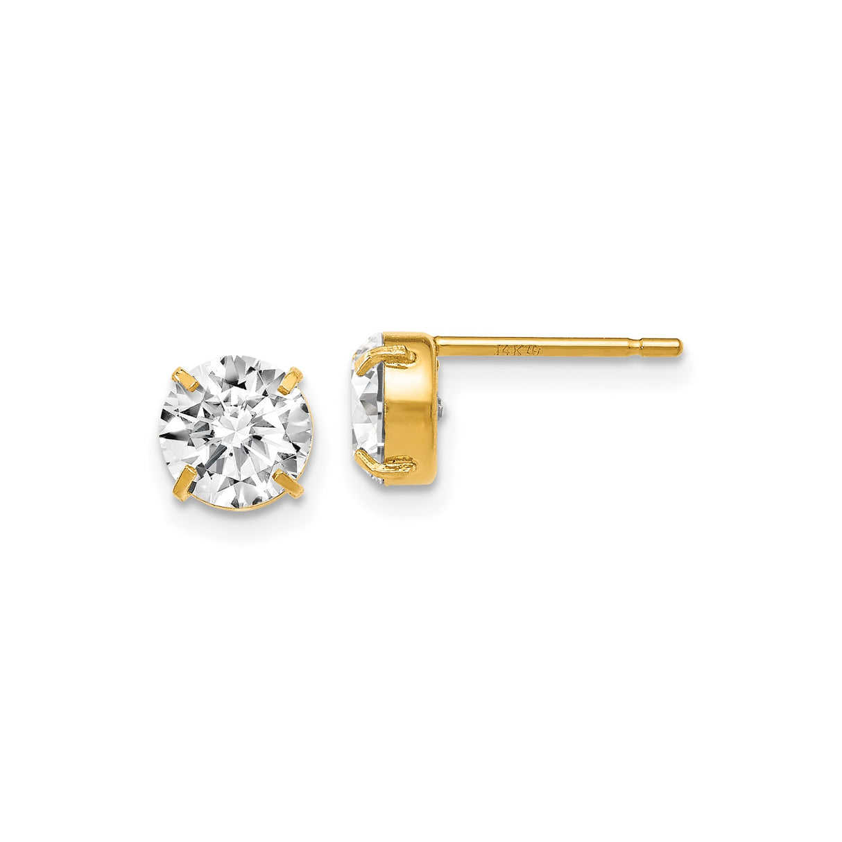 14k Yellow Gold Stud Earrings with Round Cut Cubic Zirconia, Classic Four-Prong Solitaire Design