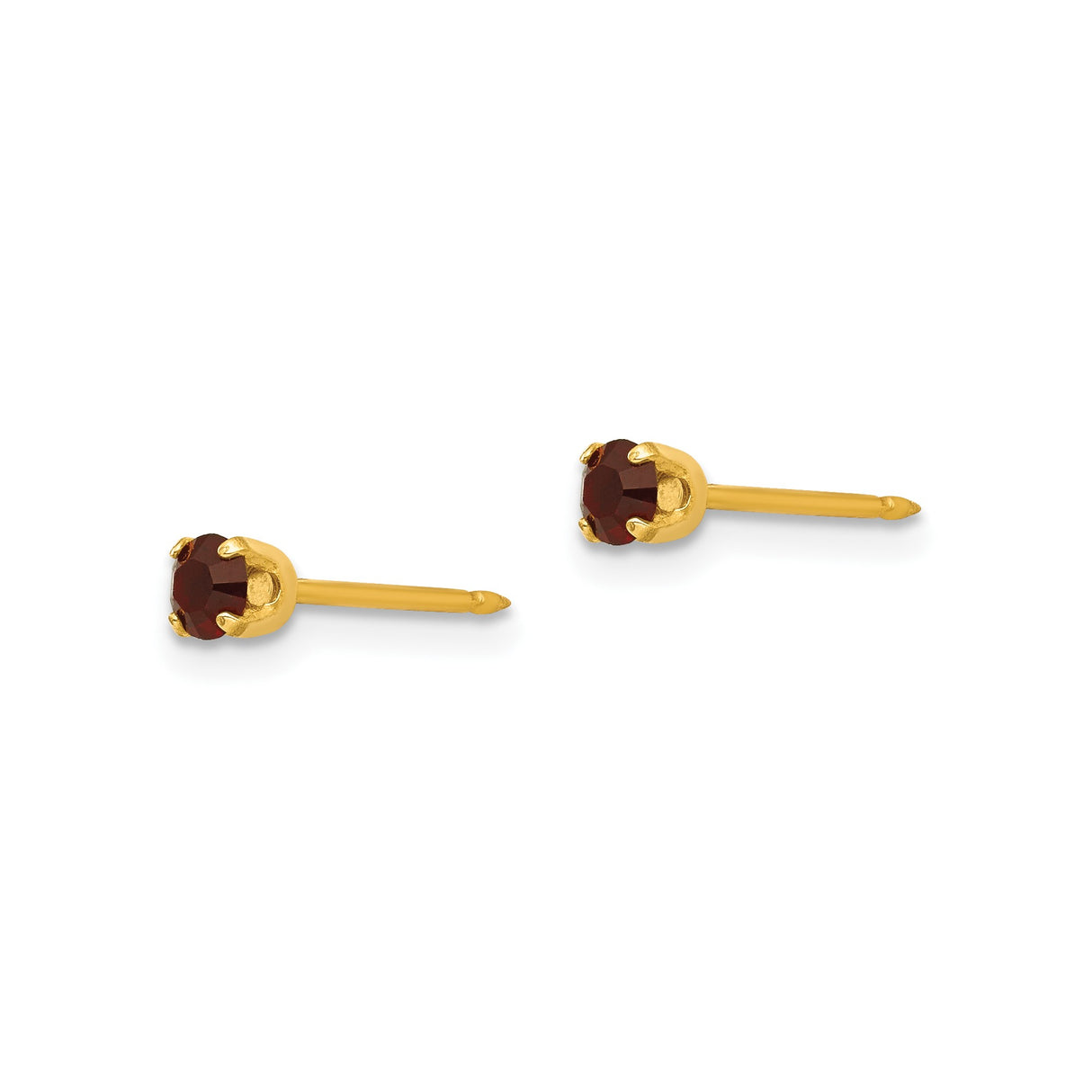14k Yellow Gold Stud Earrings with Round Cut Deep Red Gemstones in Four Prong Setting
