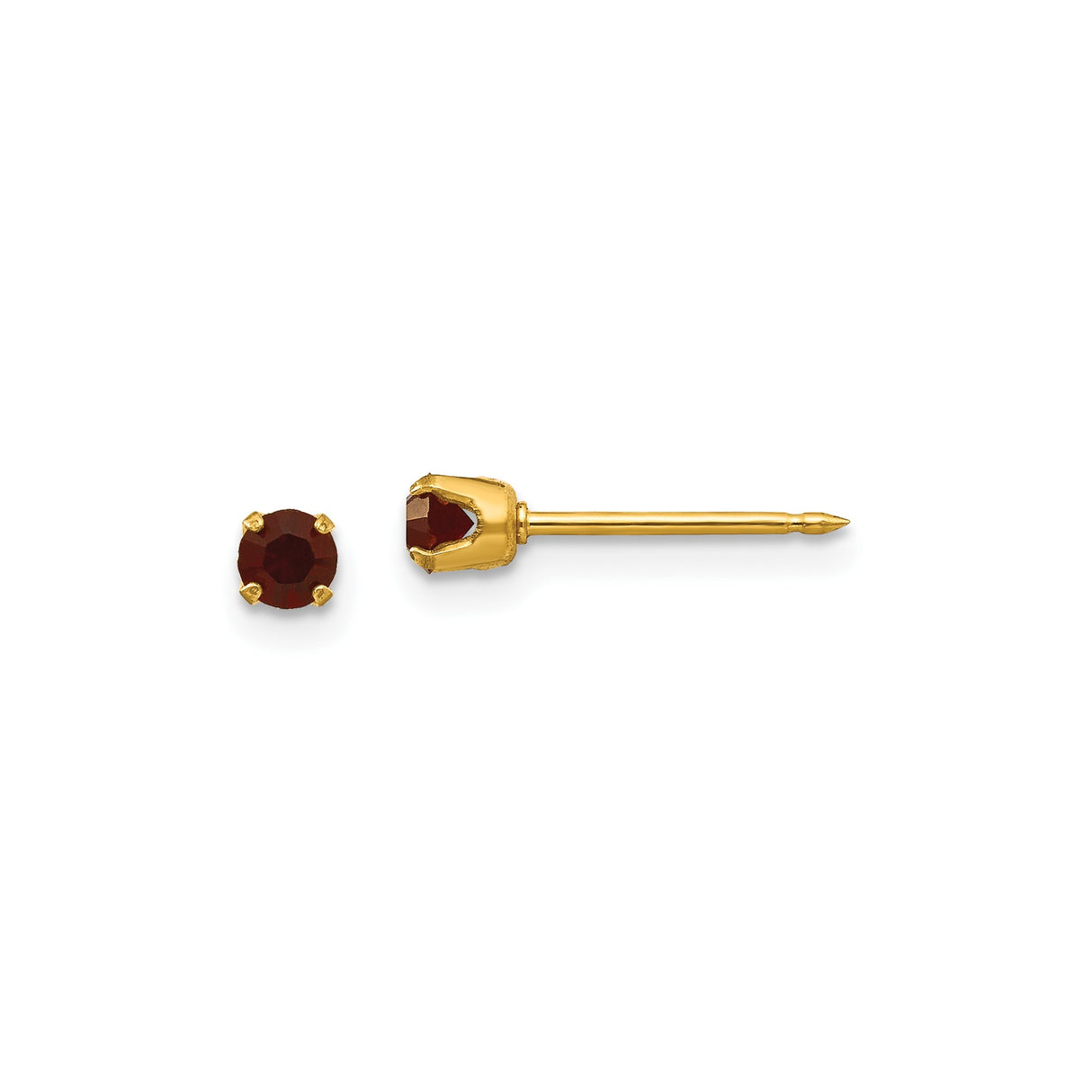 14k Yellow Gold Stud Earrings with Round Cut Deep Red Gemstones in Four Prong Setting