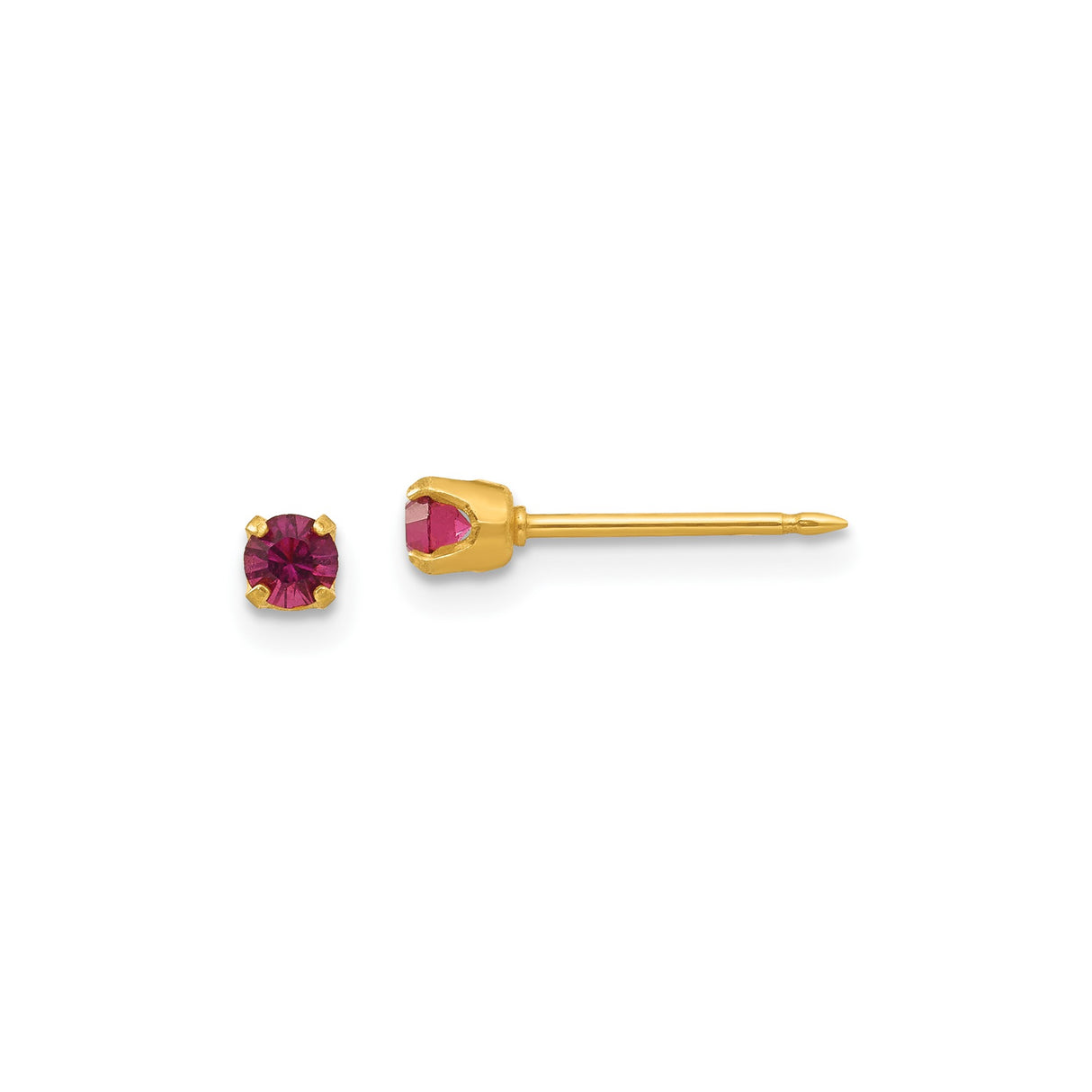 14k Yellow Gold Stud Earrings with Round Red Gemstones, Minimalist Four-Prong Setting