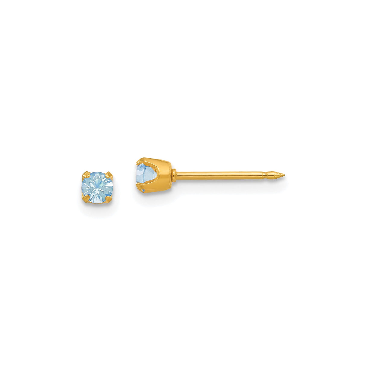 14k Yellow Gold Stud Earrings with Round Cut Light Blue Gemstones, Minimalist March Birthstone Jewelry