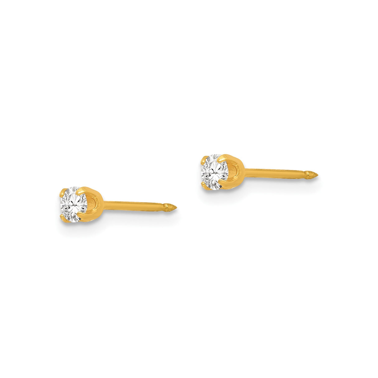 14k Yellow Gold Stud Earrings with Round Cut Clear Stone, Solitaire Four Prong Setting, Minimalist Style