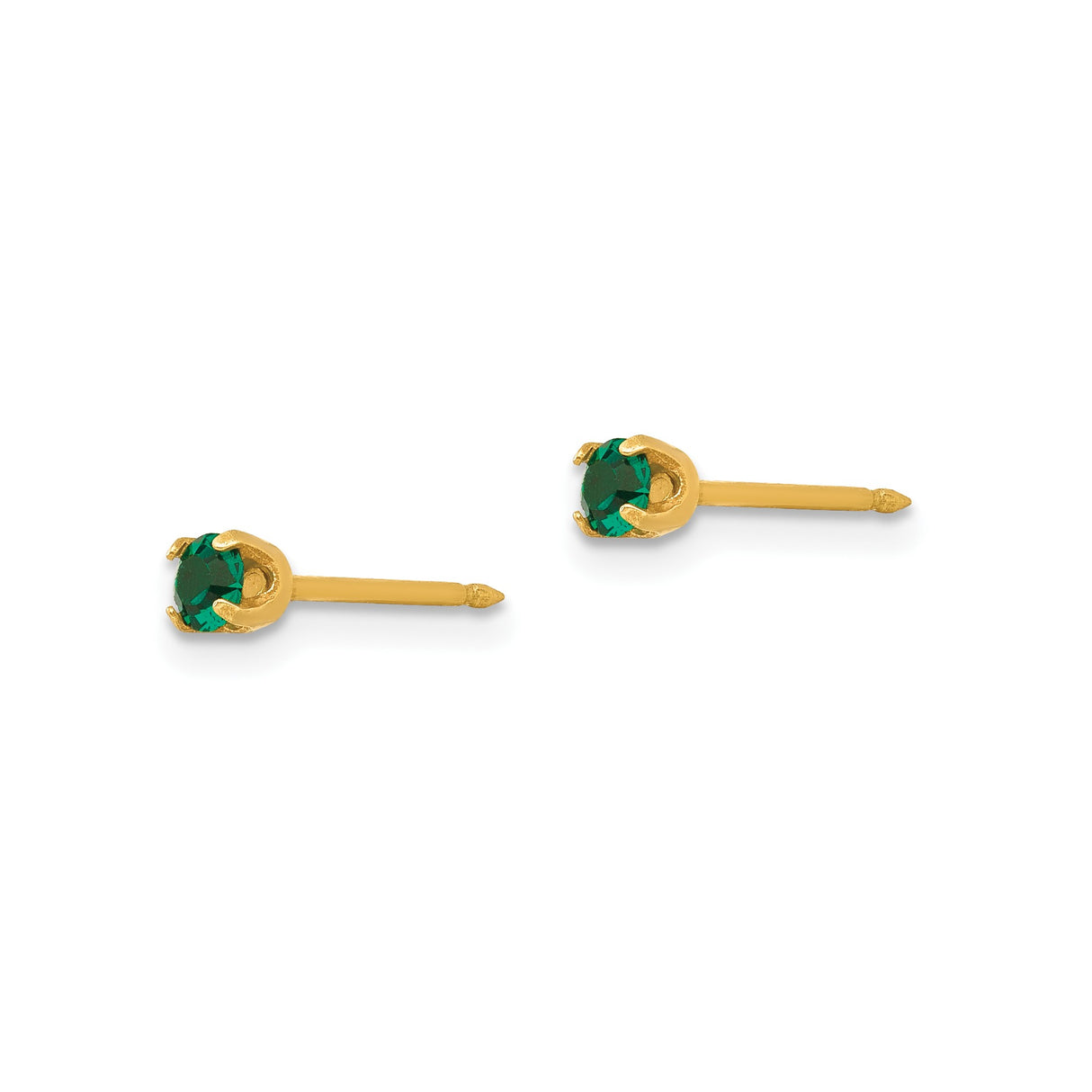 14k Yellow Gold Stud Earrings with Round Cut Green Gemstones, Minimalist Design for Women