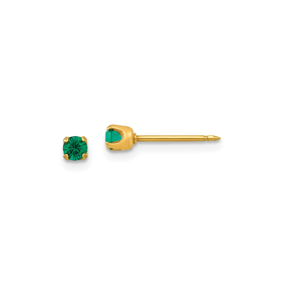 14k Yellow Gold Stud Earrings with Round Cut Green Gemstones, Minimalist Design for Women