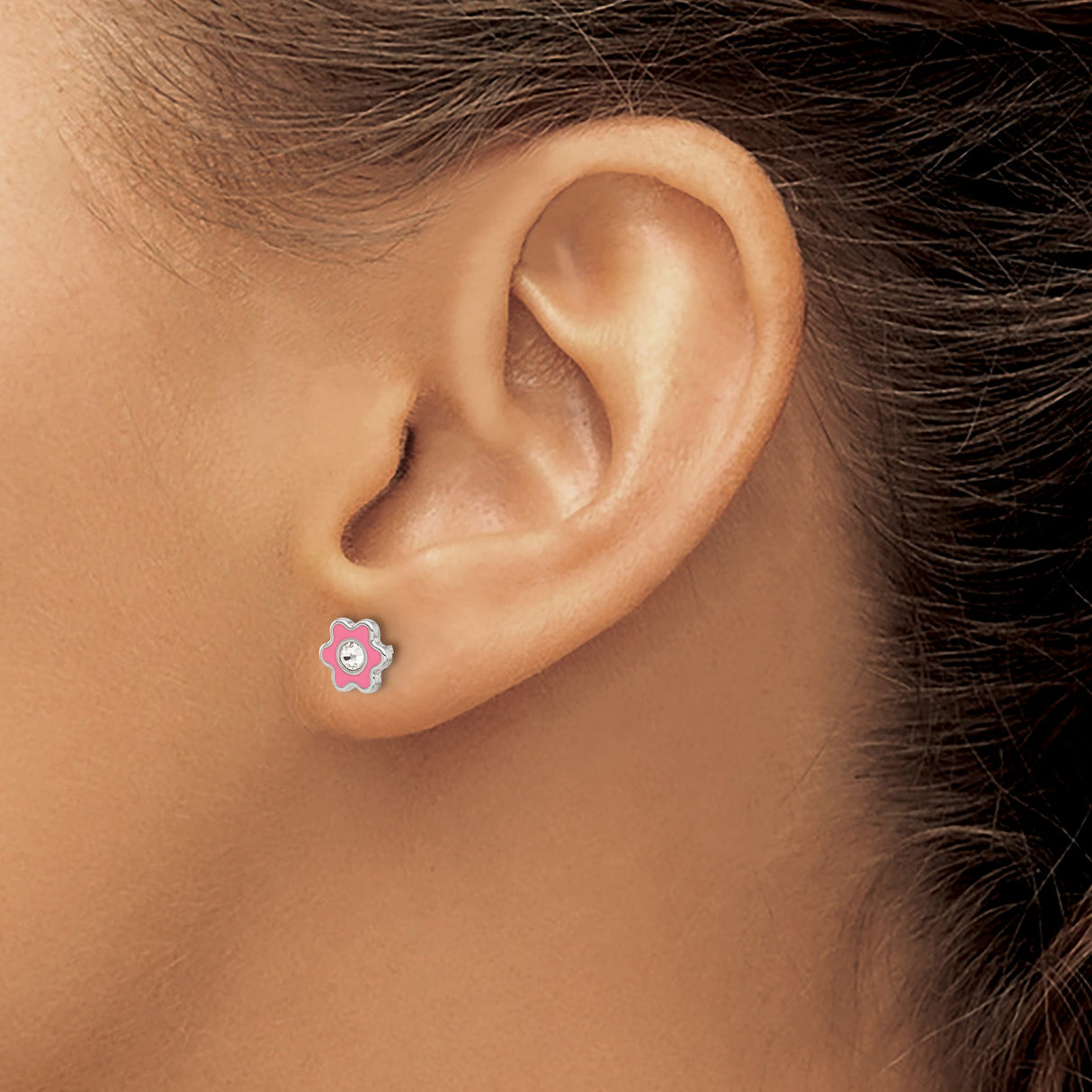 Stainless Steel Flower Stud Earrings with Pink Enamel Petals and Clear Crystal Center