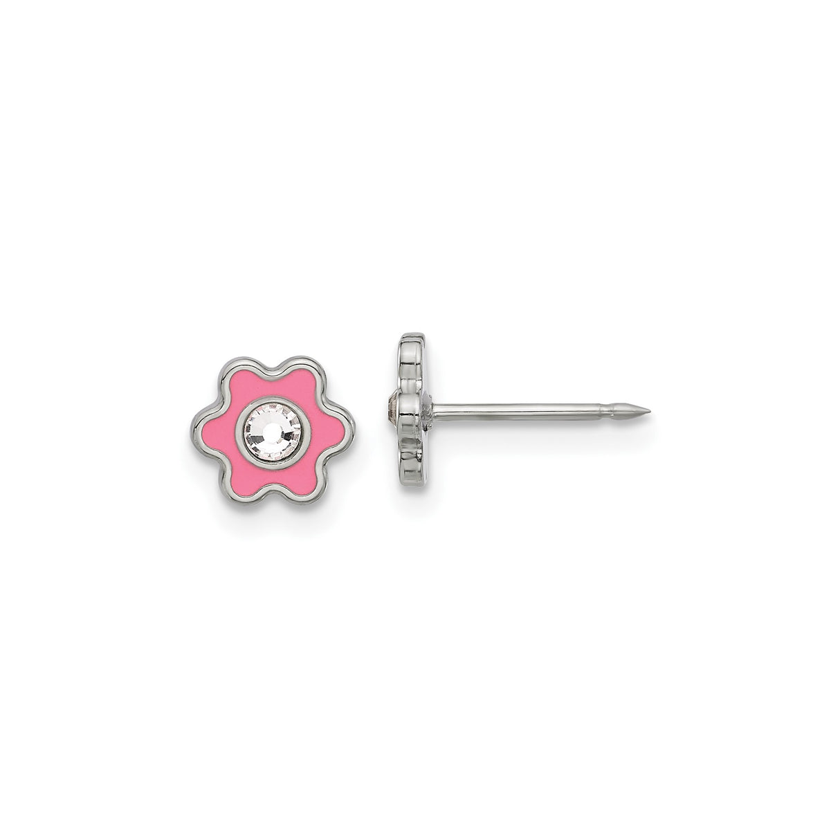 Stainless Steel Flower Stud Earrings with Pink Enamel Petals and Clear Crystal Center