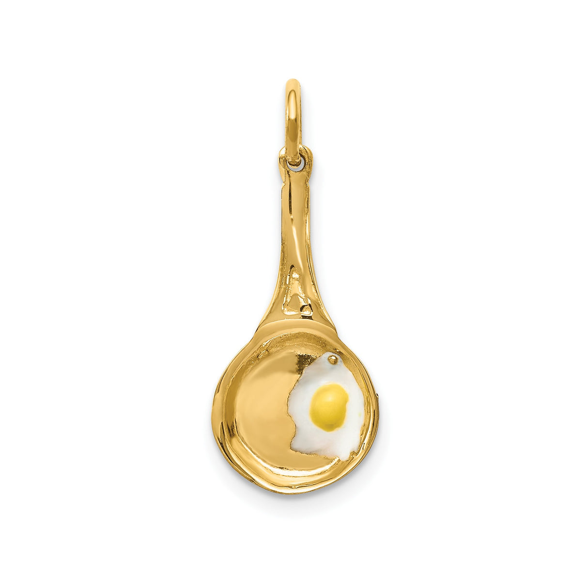 14k Yellow Gold Frying Pan Pendant with Enamel Fried Egg Detail, Novelty Cooking Jewelry
