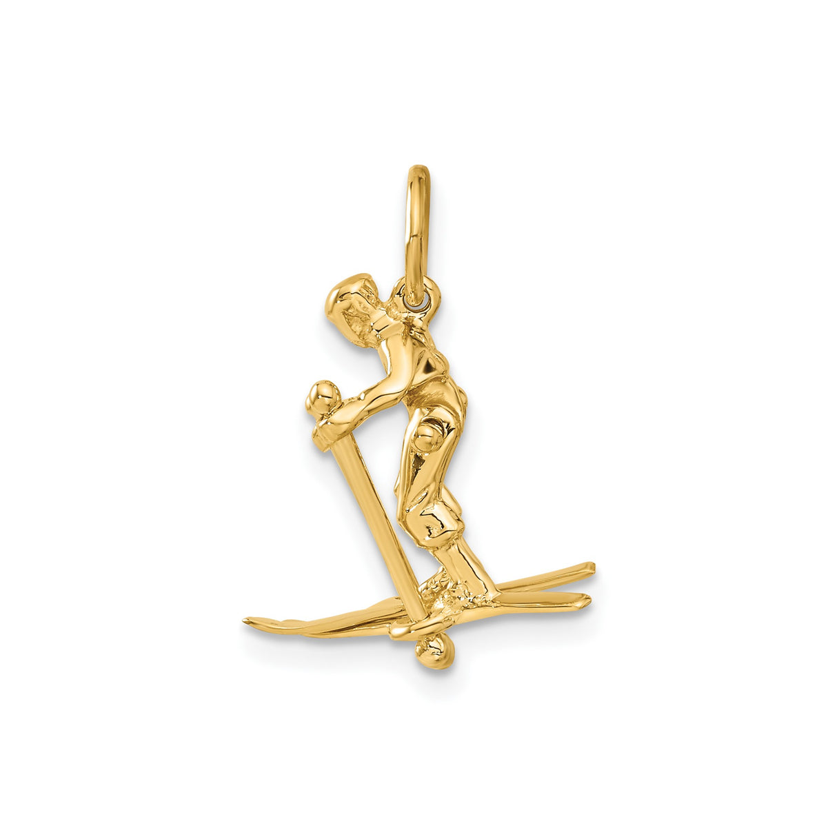 14k Yellow Gold Skier Pendant with Detailed Skis and Poles, Alpine Sports Charm