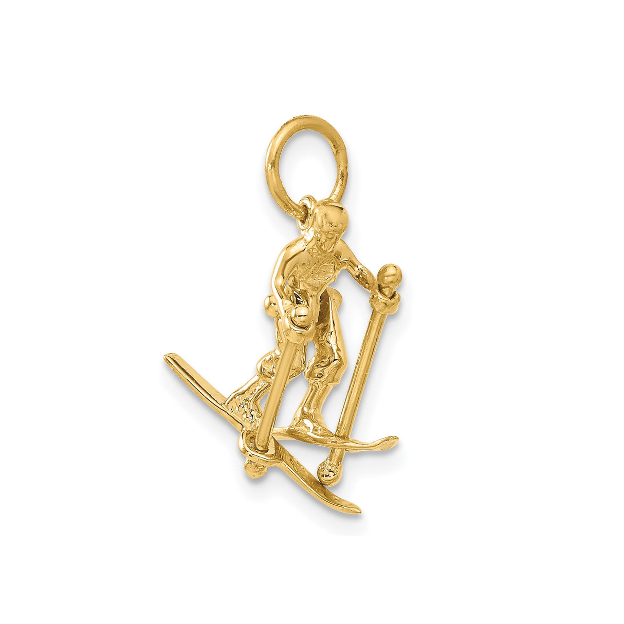 14k Yellow Gold Skier Pendant with Detailed Skis and Poles, Alpine Sports Charm