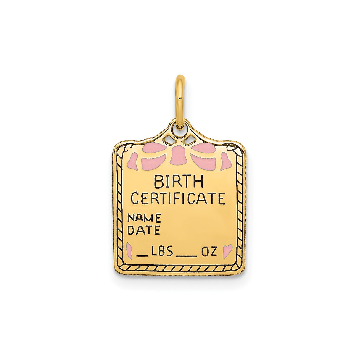 14k Yellow Gold Birth Certificate Pendant with Pink Enamel, Customizable Newborn Keepsake Charm