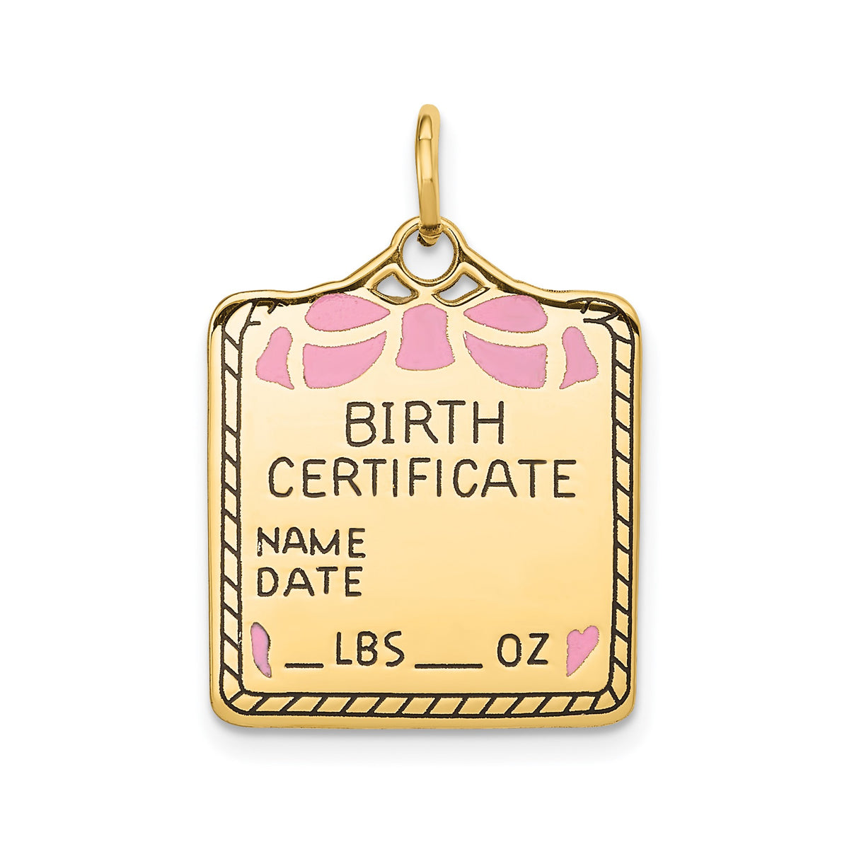 14k Yellow Gold Birth Certificate Pendant with Pink Enamel Bow and Heart Detail
