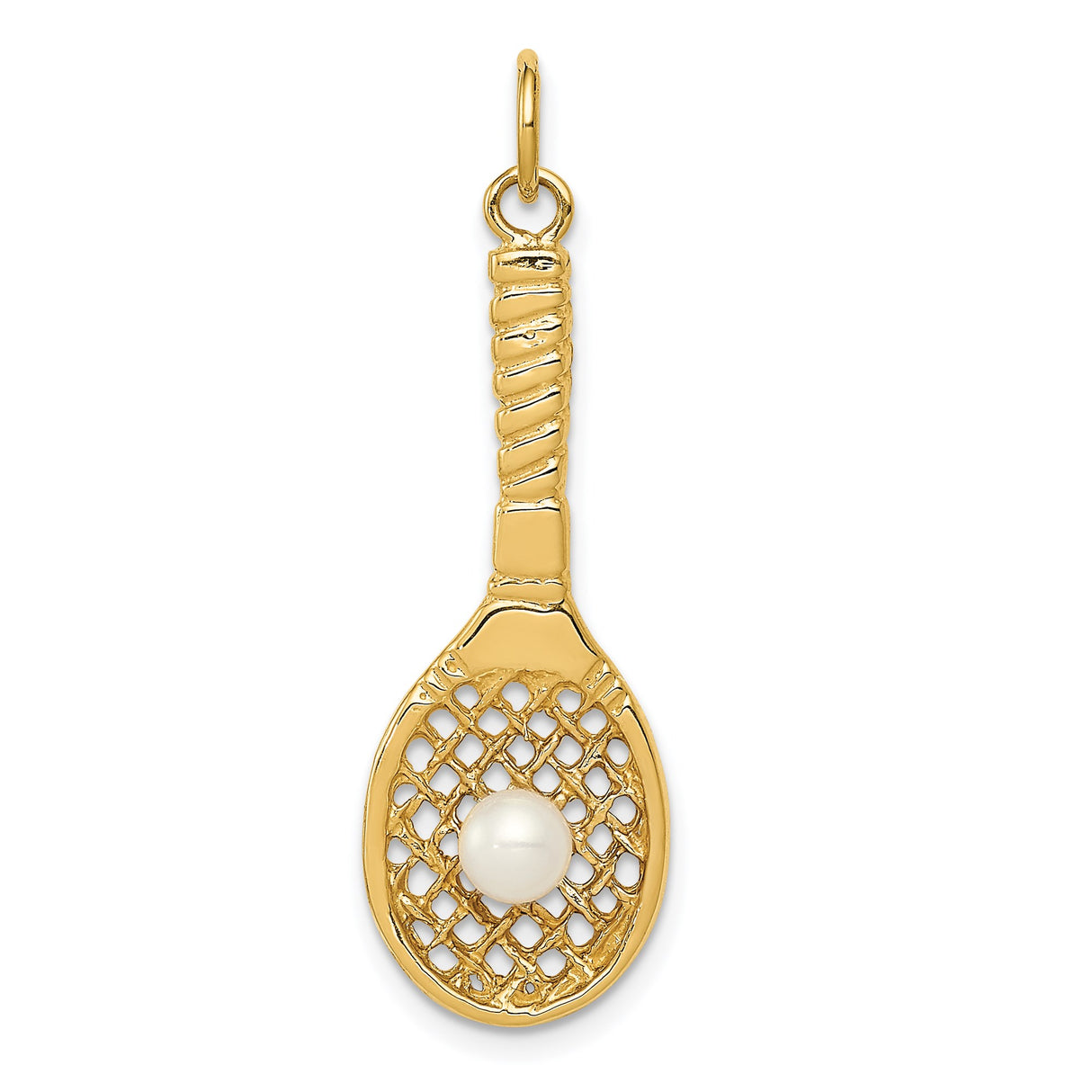 14k Yellow Gold Tennis Racket Pendant with Pearl Accent, Sports Charm for Women