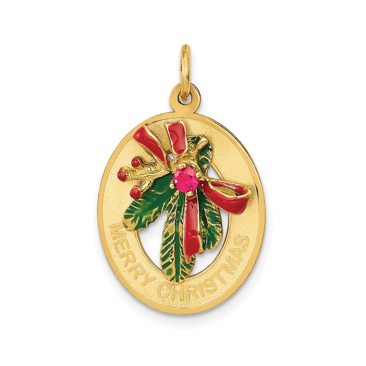14k Yellow Gold Christmas Pendant with Synthetic Birthstone, Enameled Holly and Bow Theme