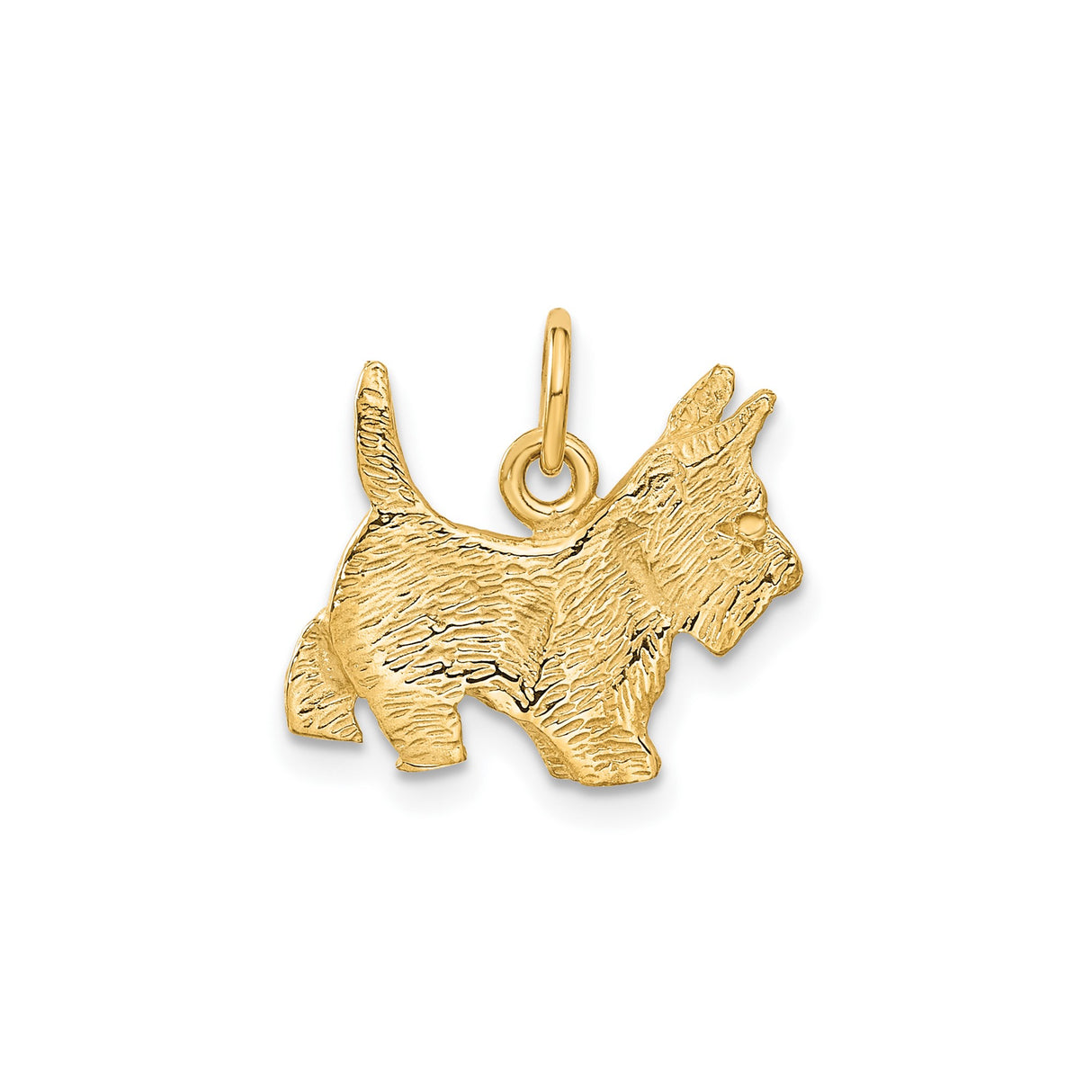 14k Yellow Gold Scottish Terrier Dog Pendant with Ruby Eye, Textured Pet Charm