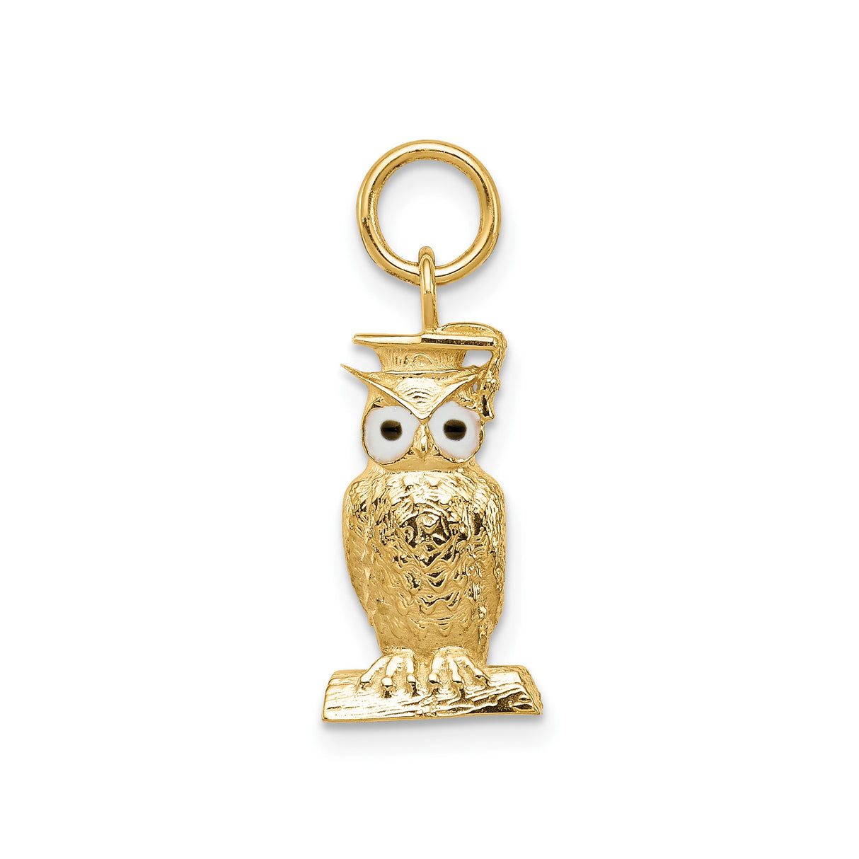 14k Yellow Gold Owl Pendant with Graduation Cap and Enamel Eyes, Academic Charm