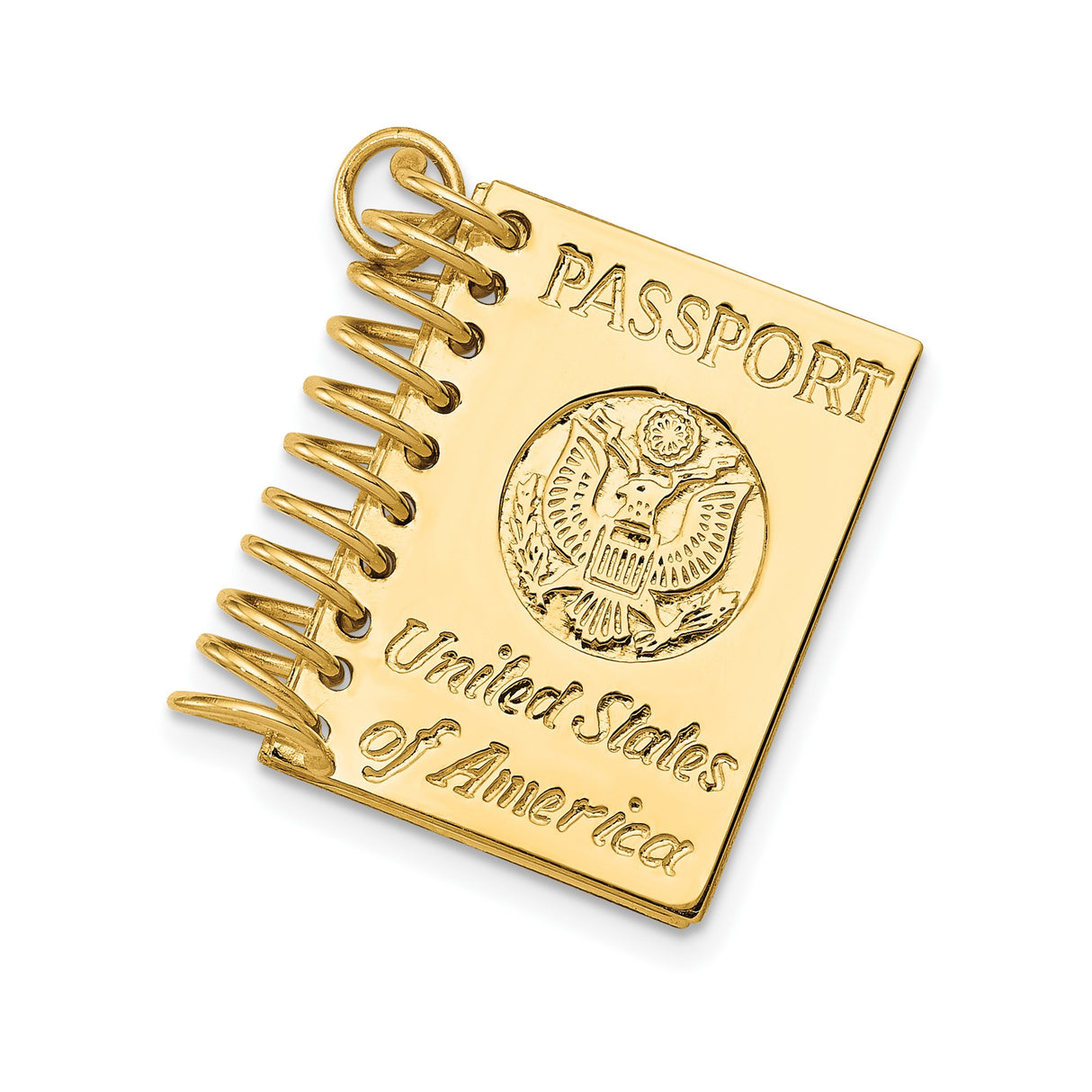 14k Yellow Gold Passport Pendant with Great Seal and America Design, Unisex Travel Charm