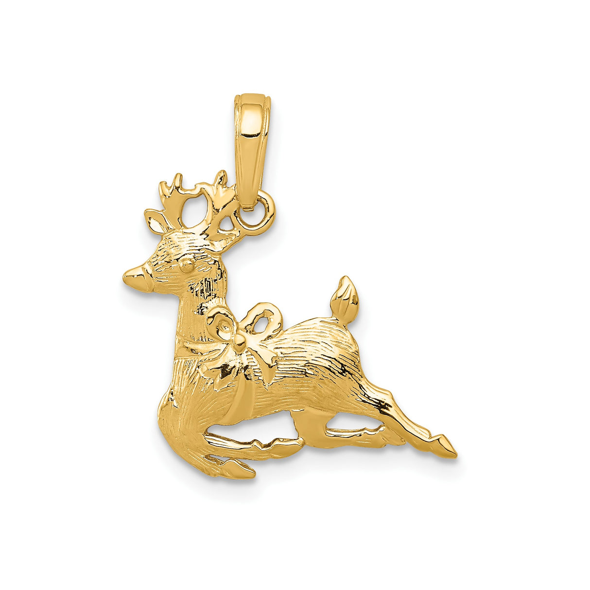 14k Yellow Gold Reindeer Pendant with Festive Bow, Christmas Charm Jewelry for Women