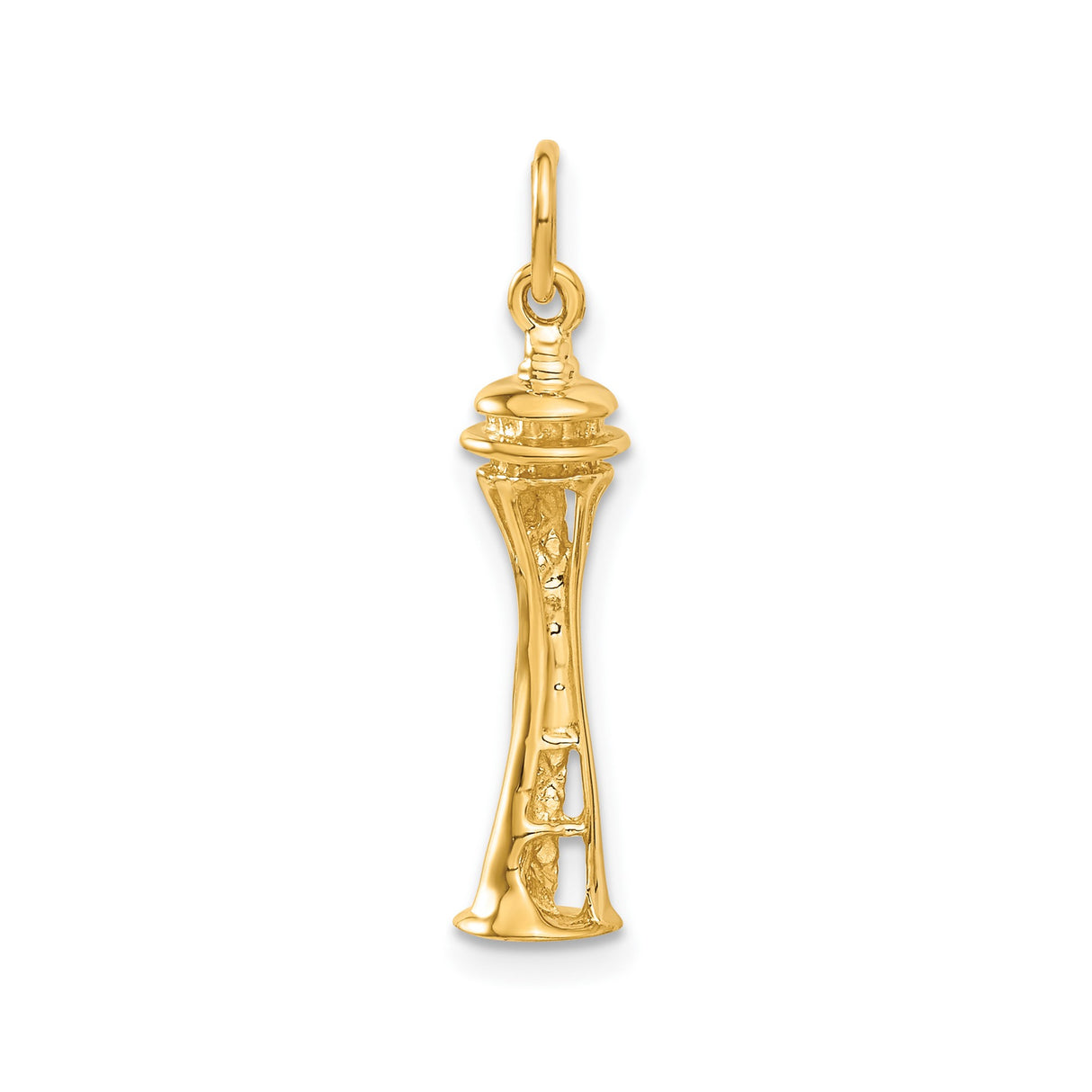 14k Yellow Gold Space Needle Pendant Charm, Detailed Seattle Skyline Landmark Jewelry