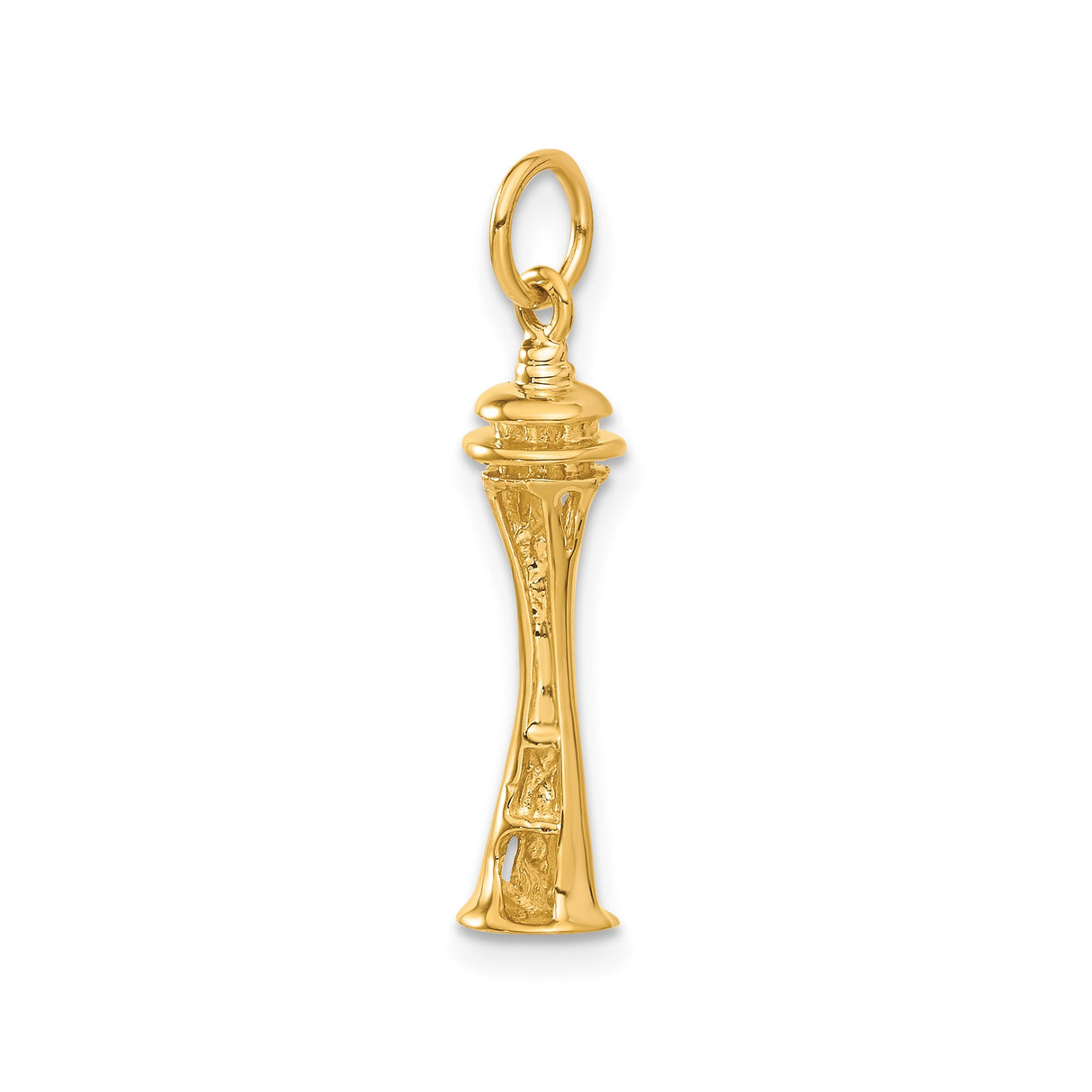 14k Yellow Gold Space Needle Pendant Charm, Detailed Seattle Skyline Landmark Jewelry