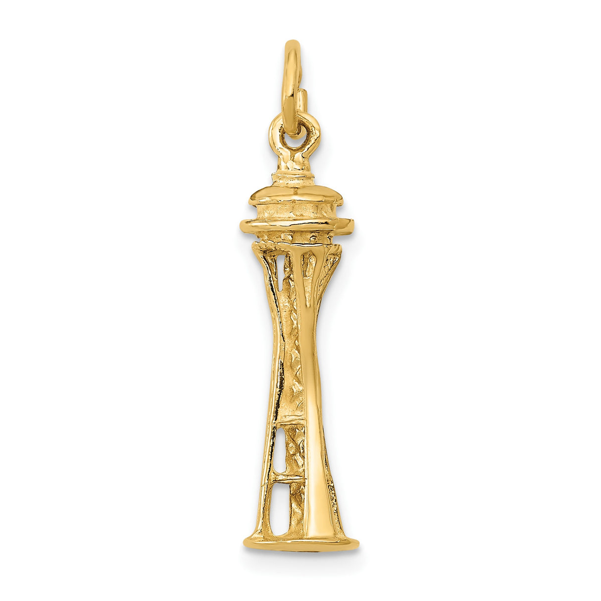 14k Yellow Gold Space Needle Pendant Charm, Detailed Seattle Skyline Landmark Jewelry