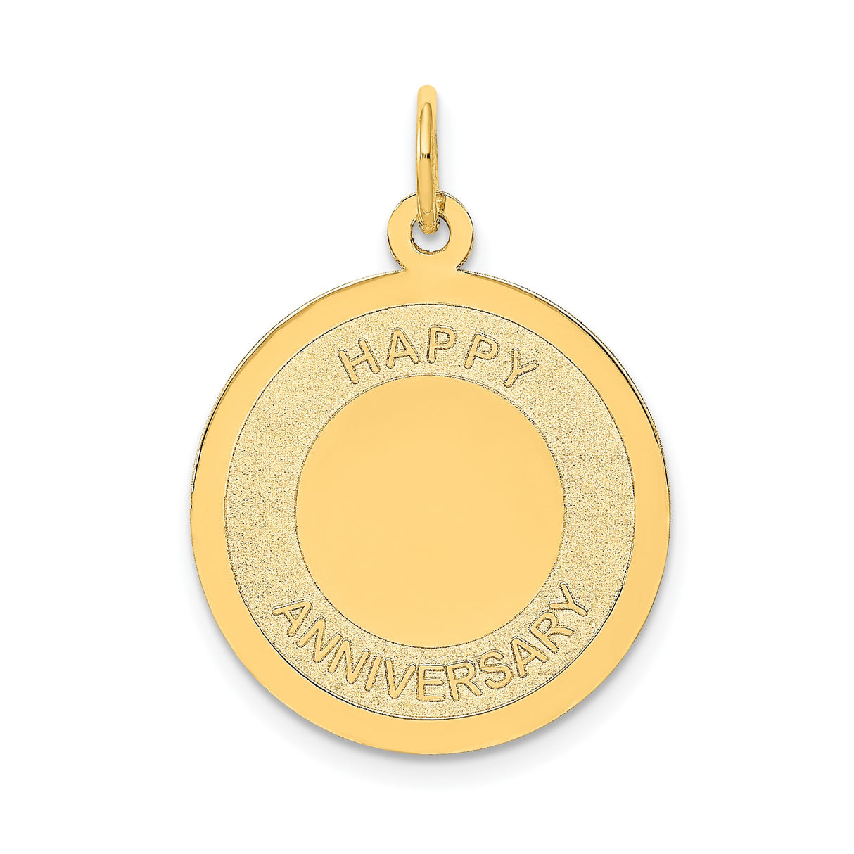 14k Yellow Gold Anniversary Pendant, Textured Circular Happy Anniversary Design Charm