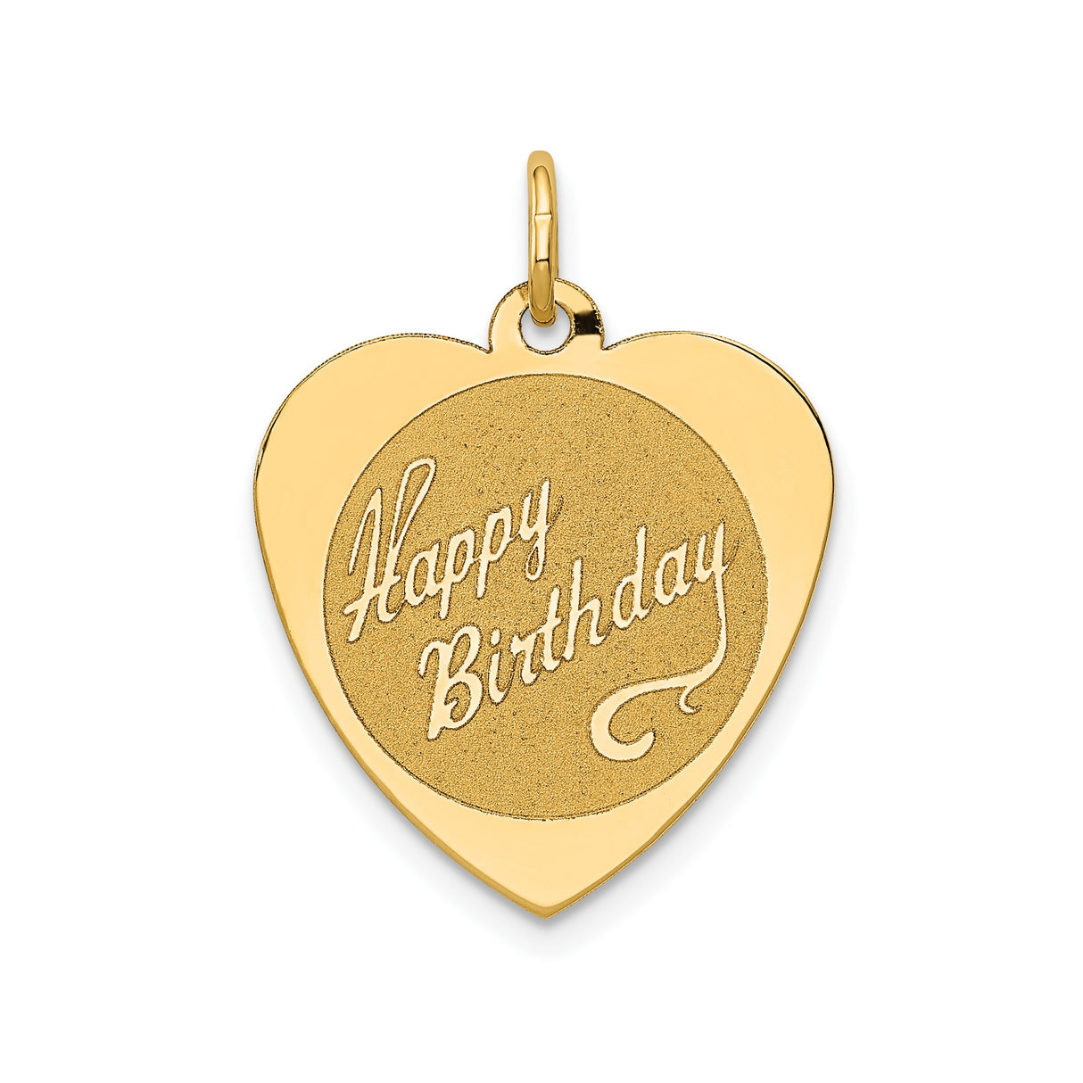 14k Yellow Gold Heart Pendant with Happy Birthday Engraving, Textured Disc Charm