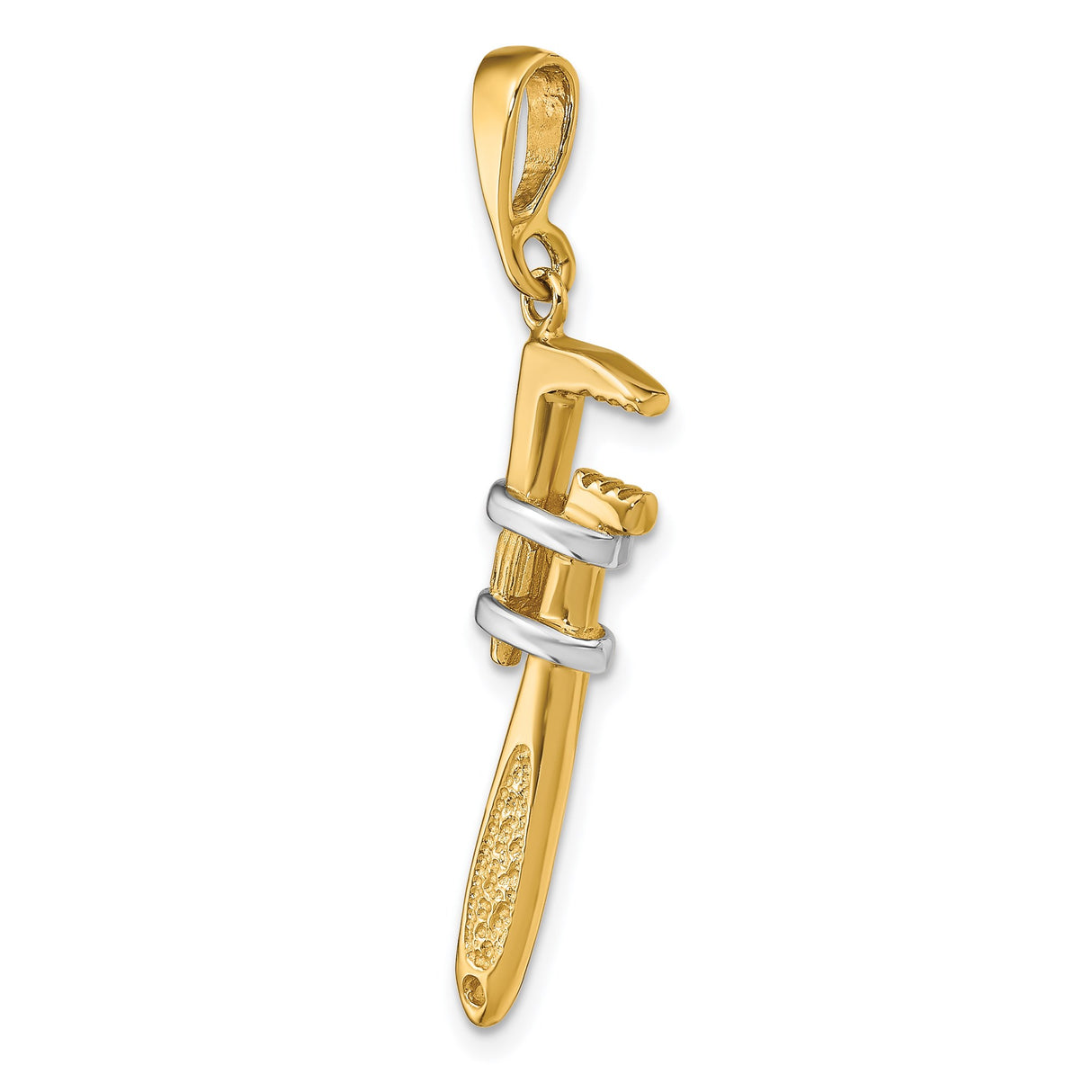 14k Yellow and Rhodium Gold Pipe Wrench Pendant, Realistic Tool Charm for Men