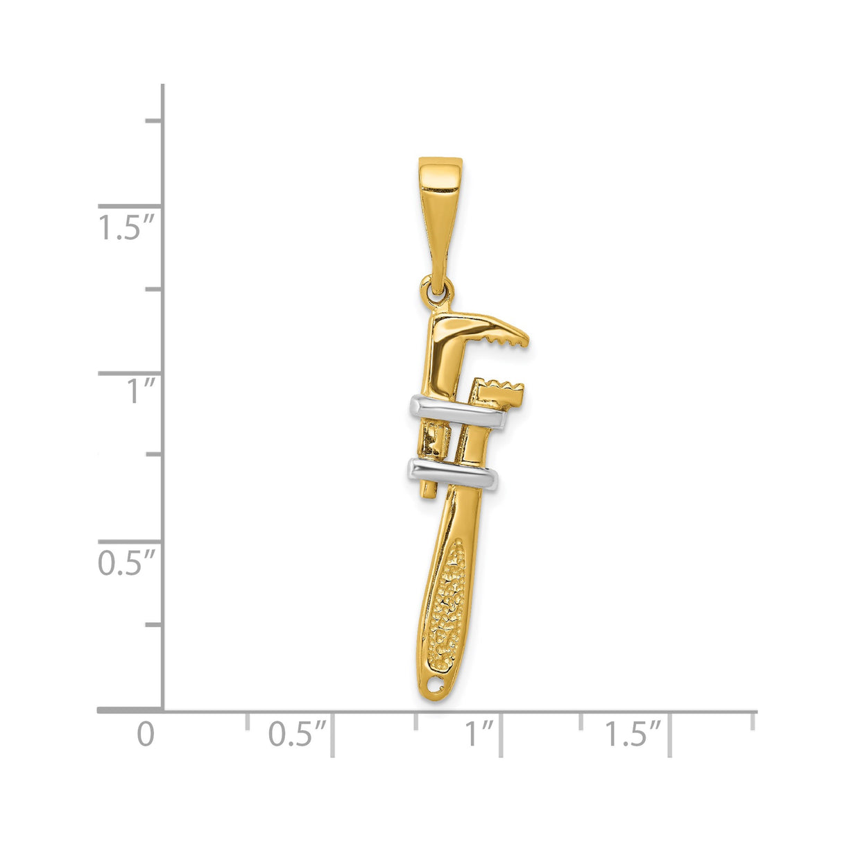 14k Yellow and Rhodium Gold Pipe Wrench Pendant, Realistic Tool Charm for Men