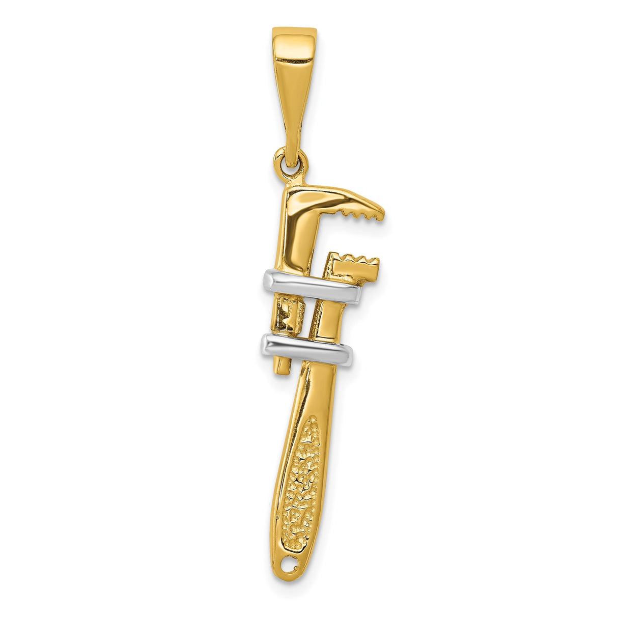 14k Yellow and Rhodium Gold Pipe Wrench Pendant, Realistic Tool Charm for Men